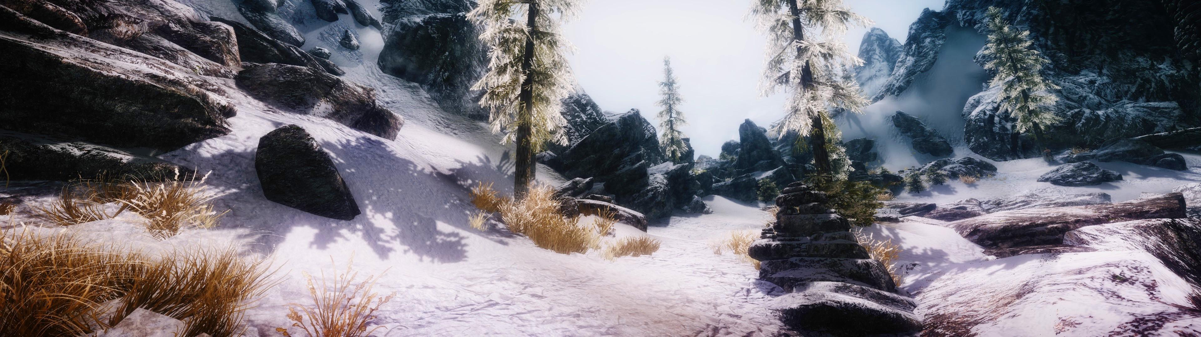 3840x1080 The Elder Scrolls V: Skyrim, Multiple Display, Mods, Landscape, Snow, Mountain Wallpaper HD / Desktop and Mobile Background
