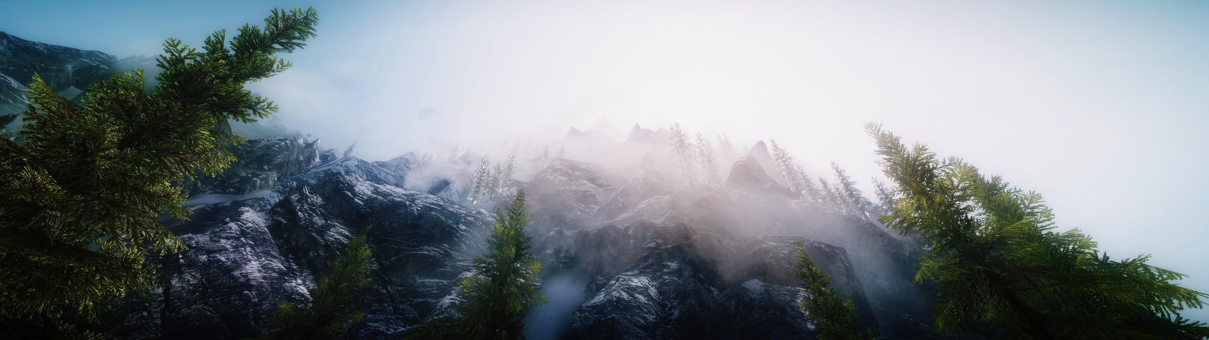 3840x1080 The Elder Scrolls V: Skyrim, Multiple Display, Mods, Landscape, Snow, Mountain Wallpaper HD / Desktop and Mobile Background