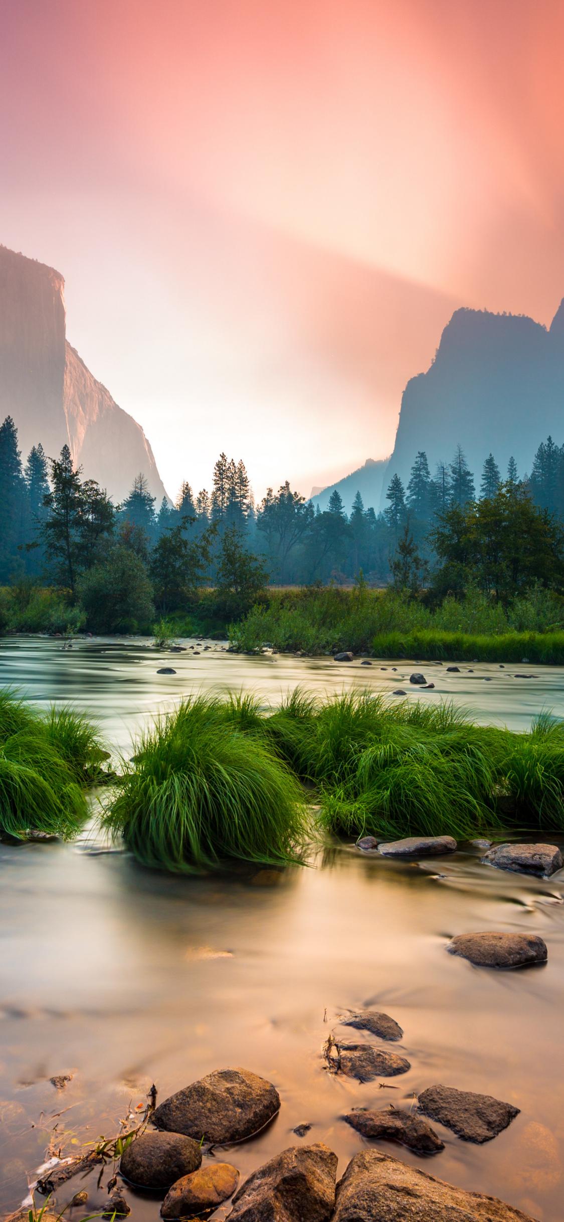1125x2436 Download sunrise, yosemite national park, stream, mountains 1125x2436 wallpaper, iphone x, 1125x2436 HD image, background, 18539