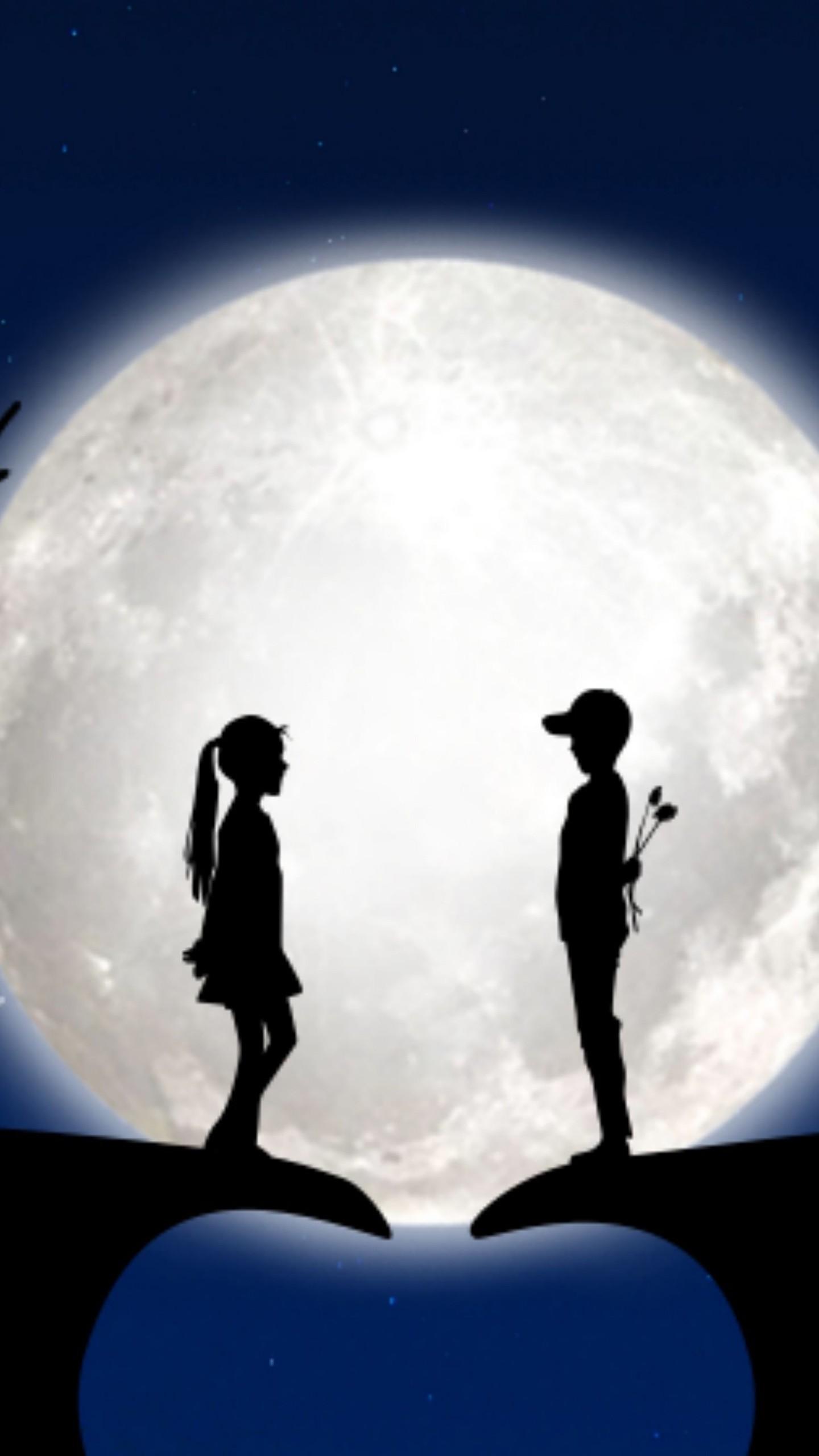 1440x2560 Children Silhouettes Love Moon Romance 4K HD Wallpaper