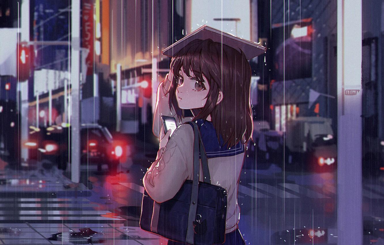 1332x850 Wallpaper night, the city, rain, girl image for desktop, section сёнэн