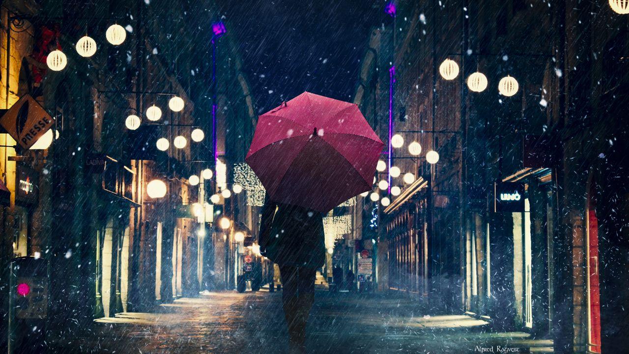 1280x720 Wallpaper silhouette, umbrella, night city, rain, street, city lights hd, picture, image