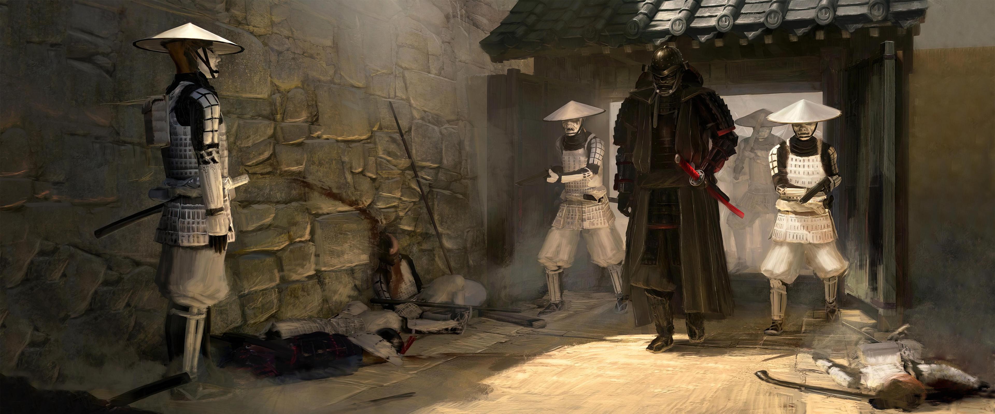 3840x1600 Star Wars Drawing Samurai Mashup Patrik Rosander Darth Vader Imperial Stormtrooper Wallpaper:3840x1600