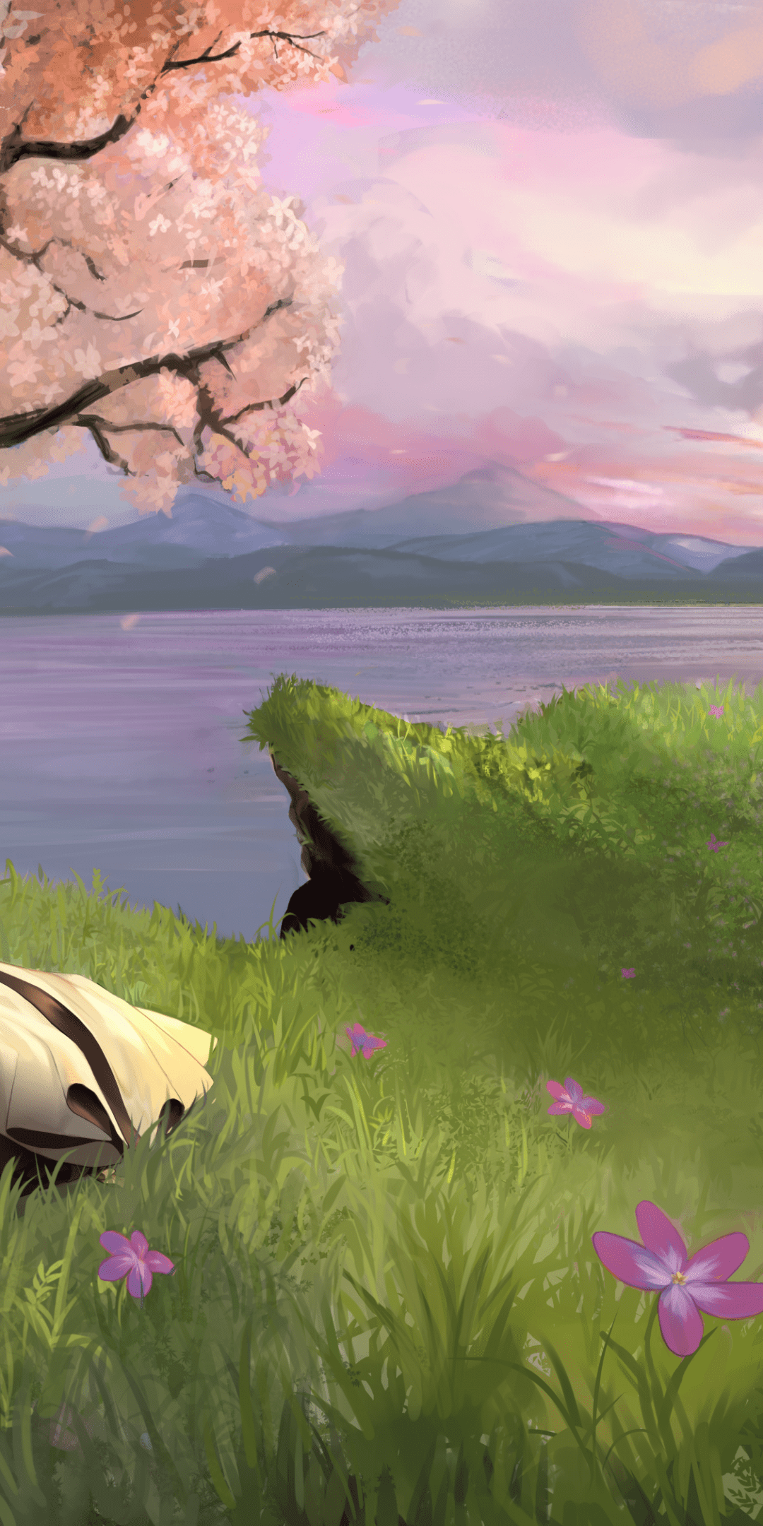 1080x2160 Download 1080x2160 Violet Evergarden, Horizon, Sakura Blossom, Field, Seascape, Scenery Wallpaper for Huawei Mate 10