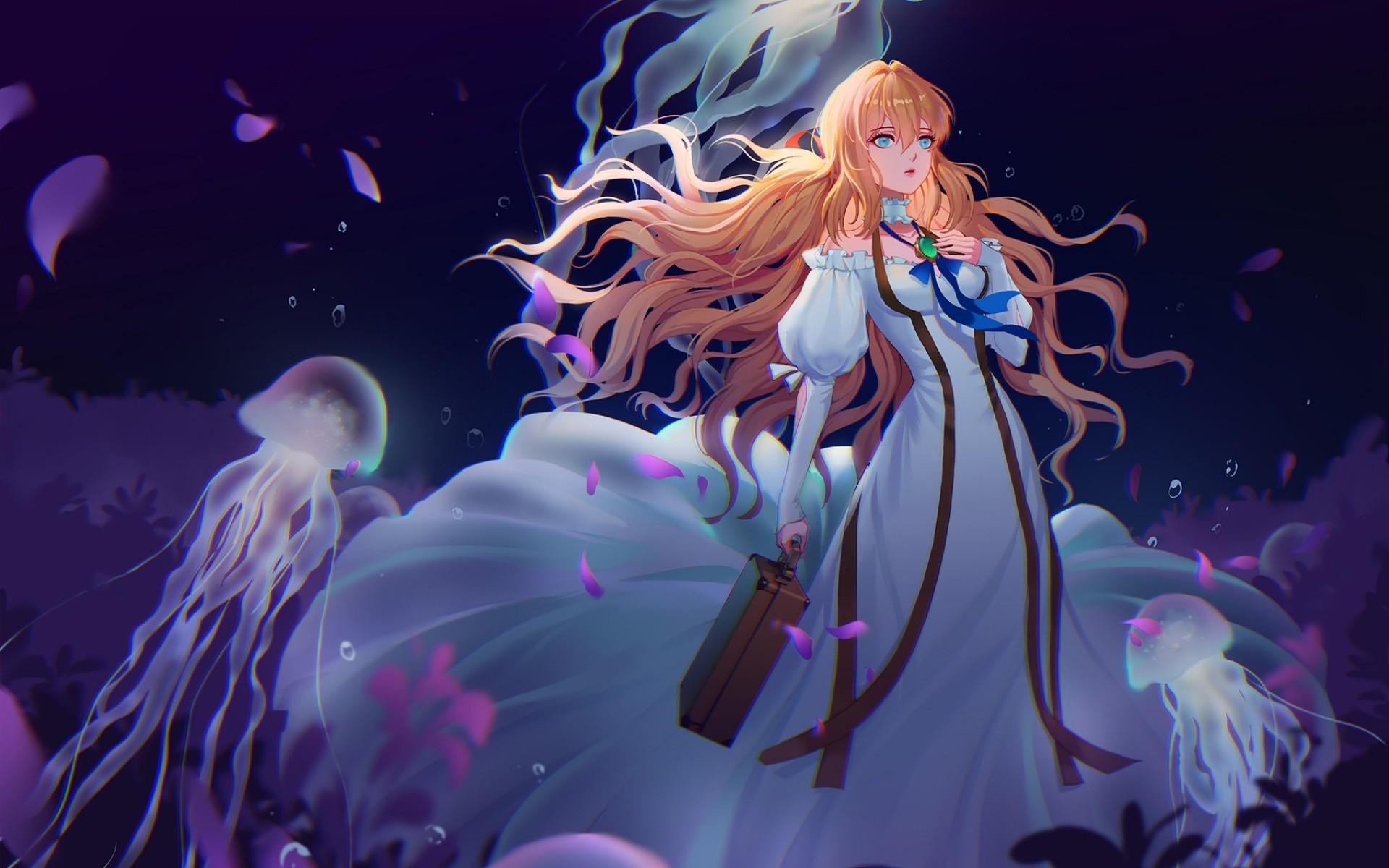 1920x1200 Download Wallpaper Violet Evergarden, Light Novel, Anime Characters, Fairy Tale Landscape, Japanese Manga, White Dress, Jellyfish For Desktop With Resolution 1920x1200. High Quality HD Picture Wallpaper