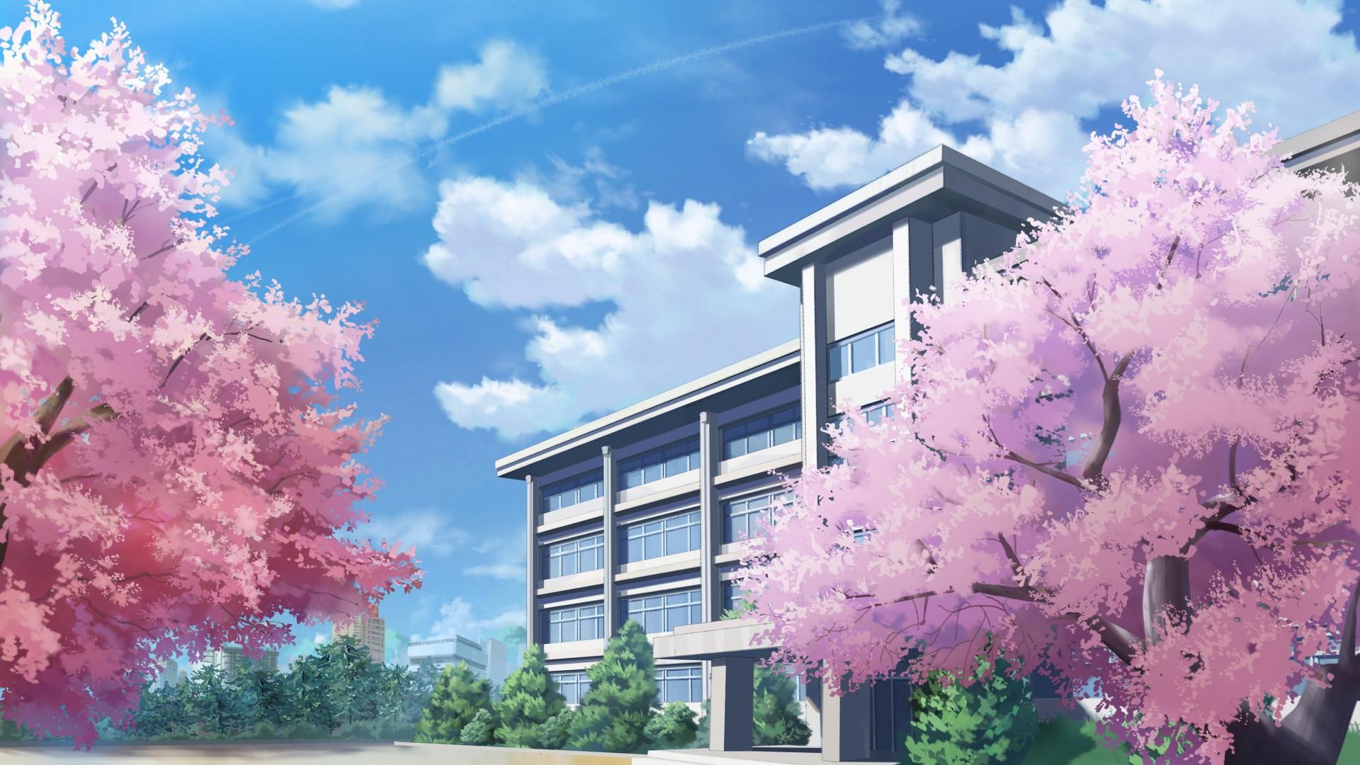 1920x1080 Download 1920x1080 Anime School, Building, Sakura Blossom, Clouds Wallpaper for Widescreen