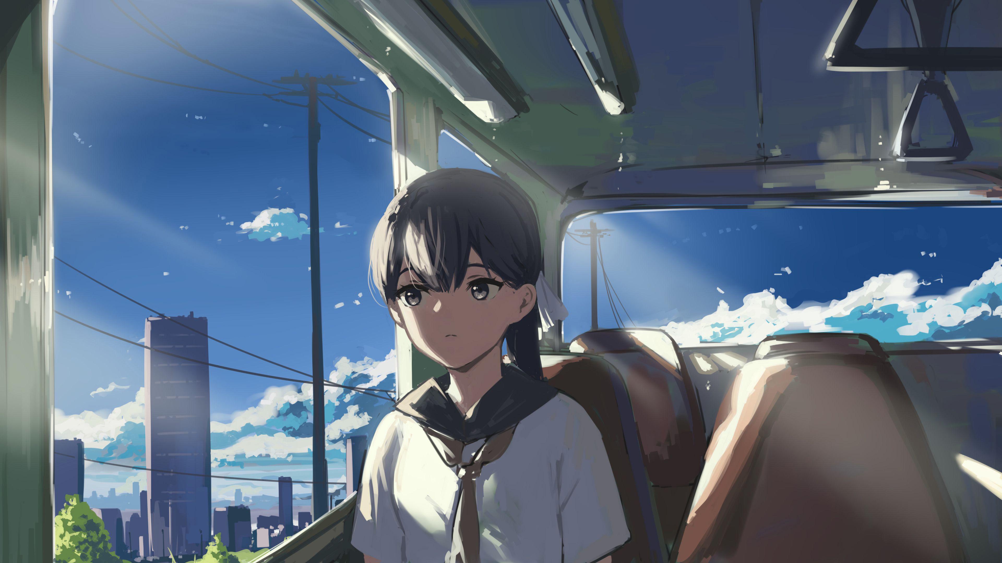 3840x2160 Anime Girl School Uniform Train Nature Buildings 4K HD Anime Girl Wallpaper
