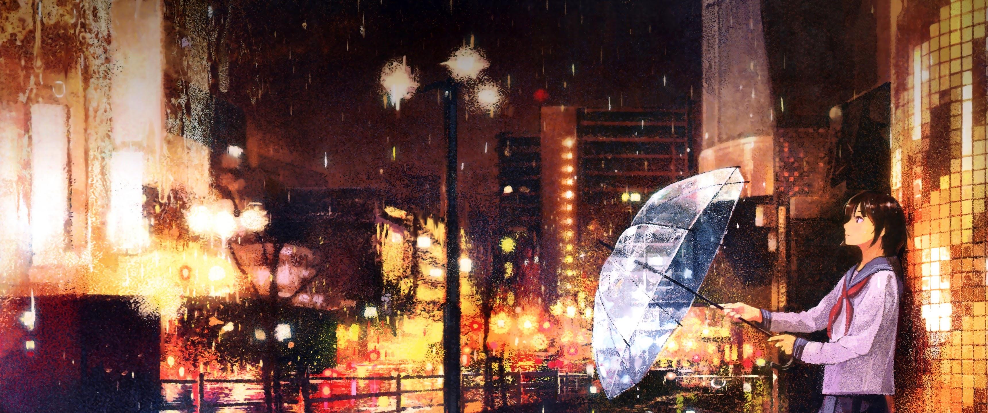 3440x1440 Anime School Girl Waiting in the Rain 8K Wallpaper
