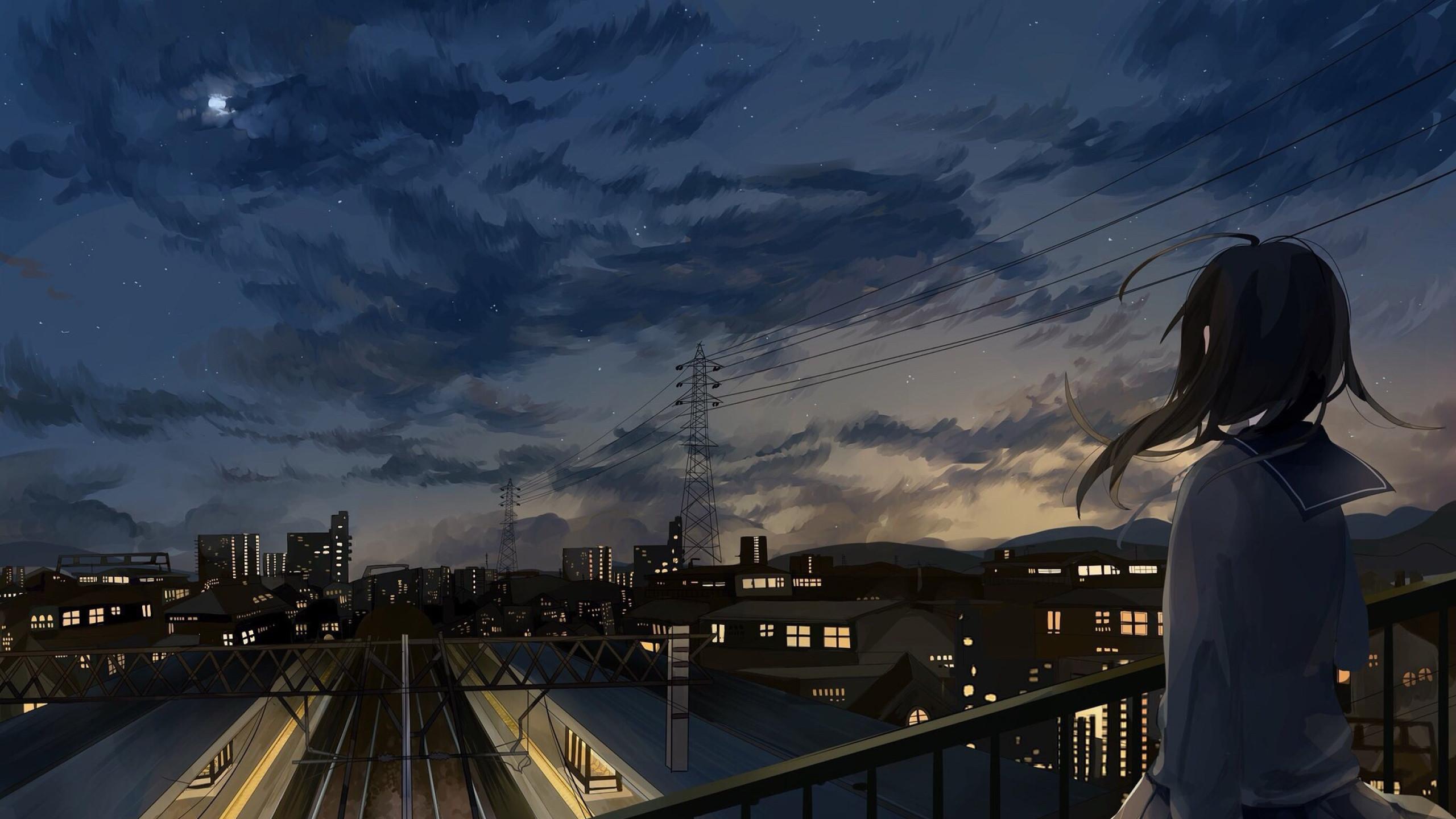 2560x1440 Anime Girl In School Uniform Watching City Sky 1440P Resolution Wallpaper, HD Anime 4K Wallpaper, Image, Photo and Background