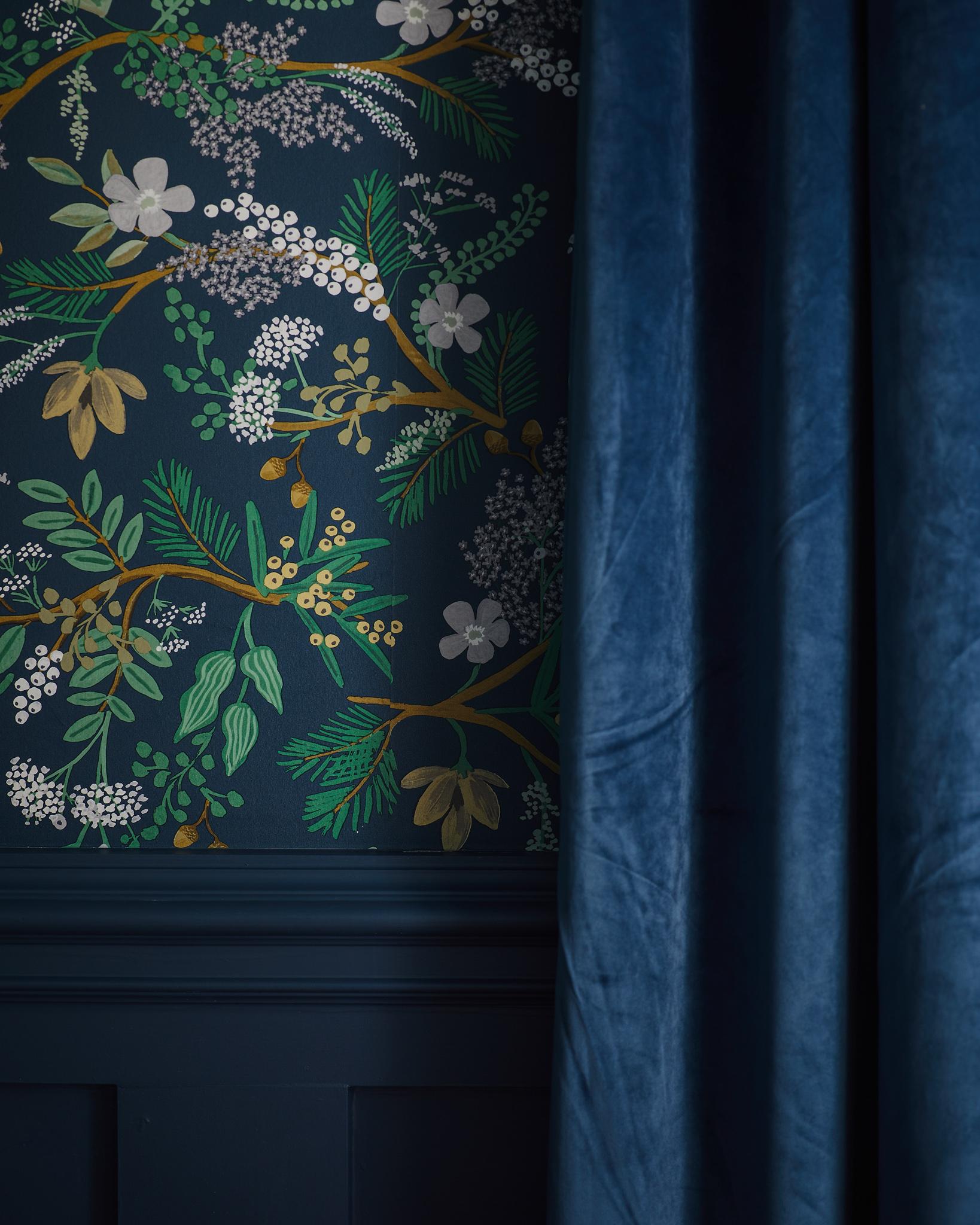1638x2048 Rifle Paper Co. floral wallpaper and velvet curtains Honor Of Design