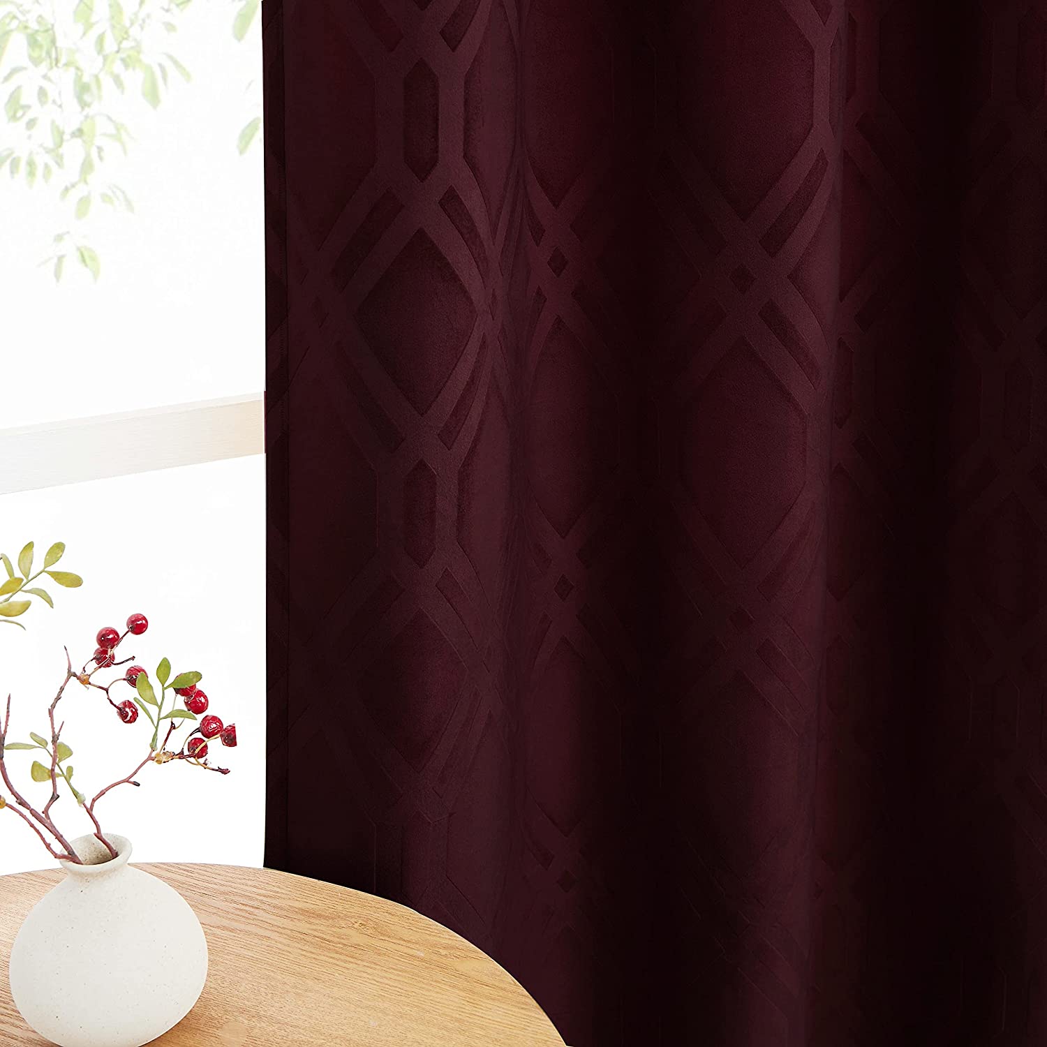 1500x1500 Nottingson Home Soft Red Velvet Curtain Shorts Panels 63 Inch for Half Window Bedroom Embossed Geometric Trellis Drapes Room Darkening Window Treatments Wine Red Grommet Wx63 L 2 Panels