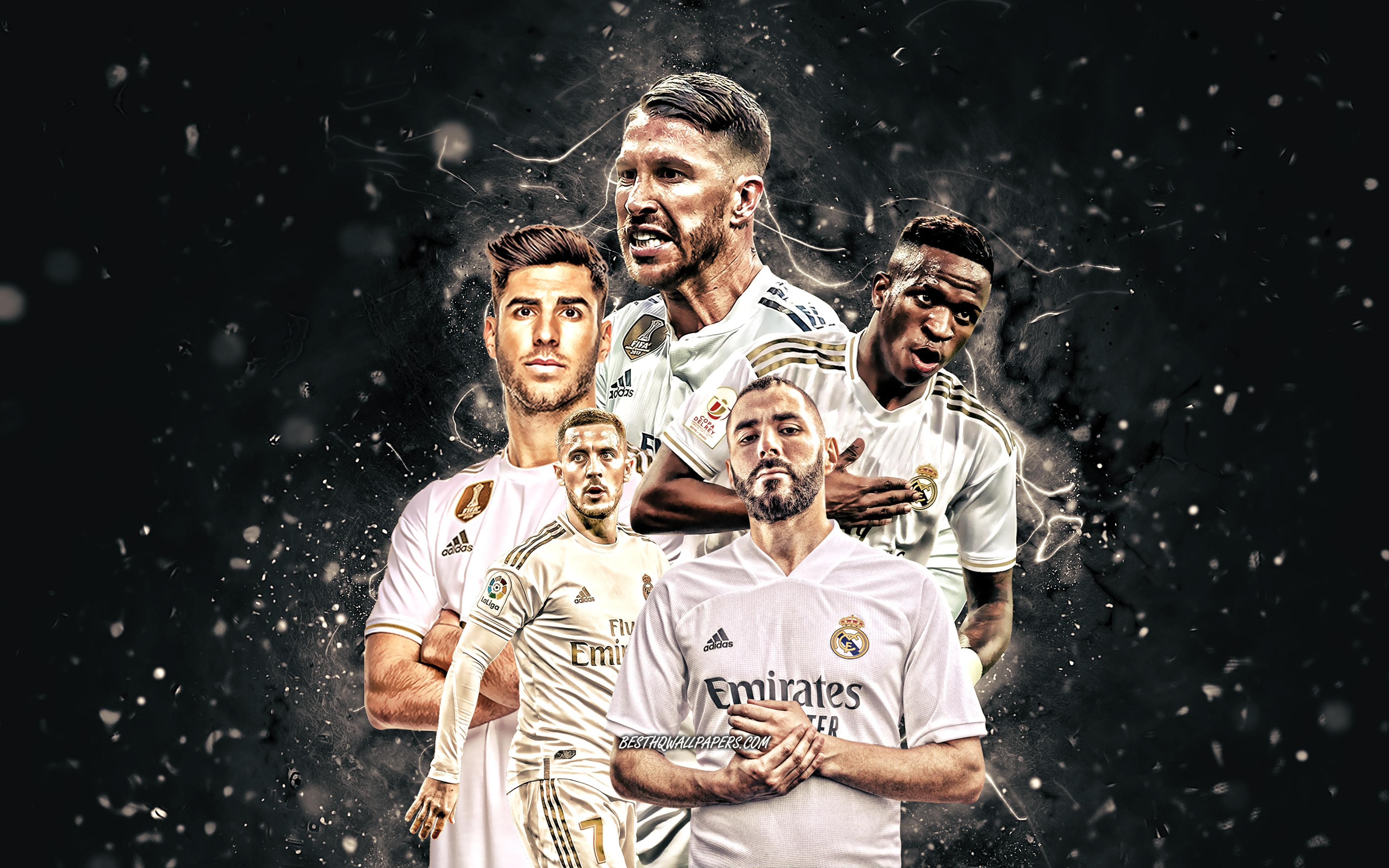3840x2400 Download wallpaper Karim Benzema, Vinicius Junior, Eden Hazard, Marco Asensio, Sergio Ramos, 4k, Real Madrid FC, football stars, La Liga, Real Madrid team, white neon lights, soccer, Real Madrid CF for desktop