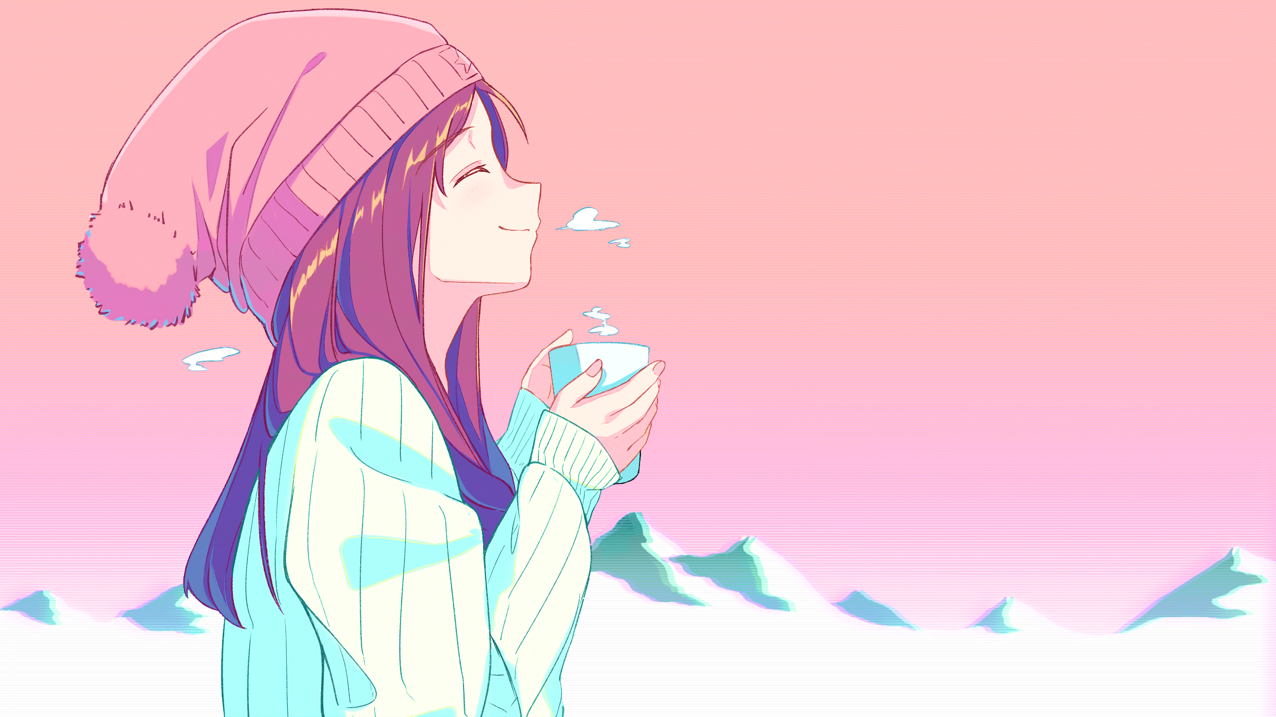 2560x1440 Cô gái uống trà [Original](2560x1440): Giấy dán tường anime