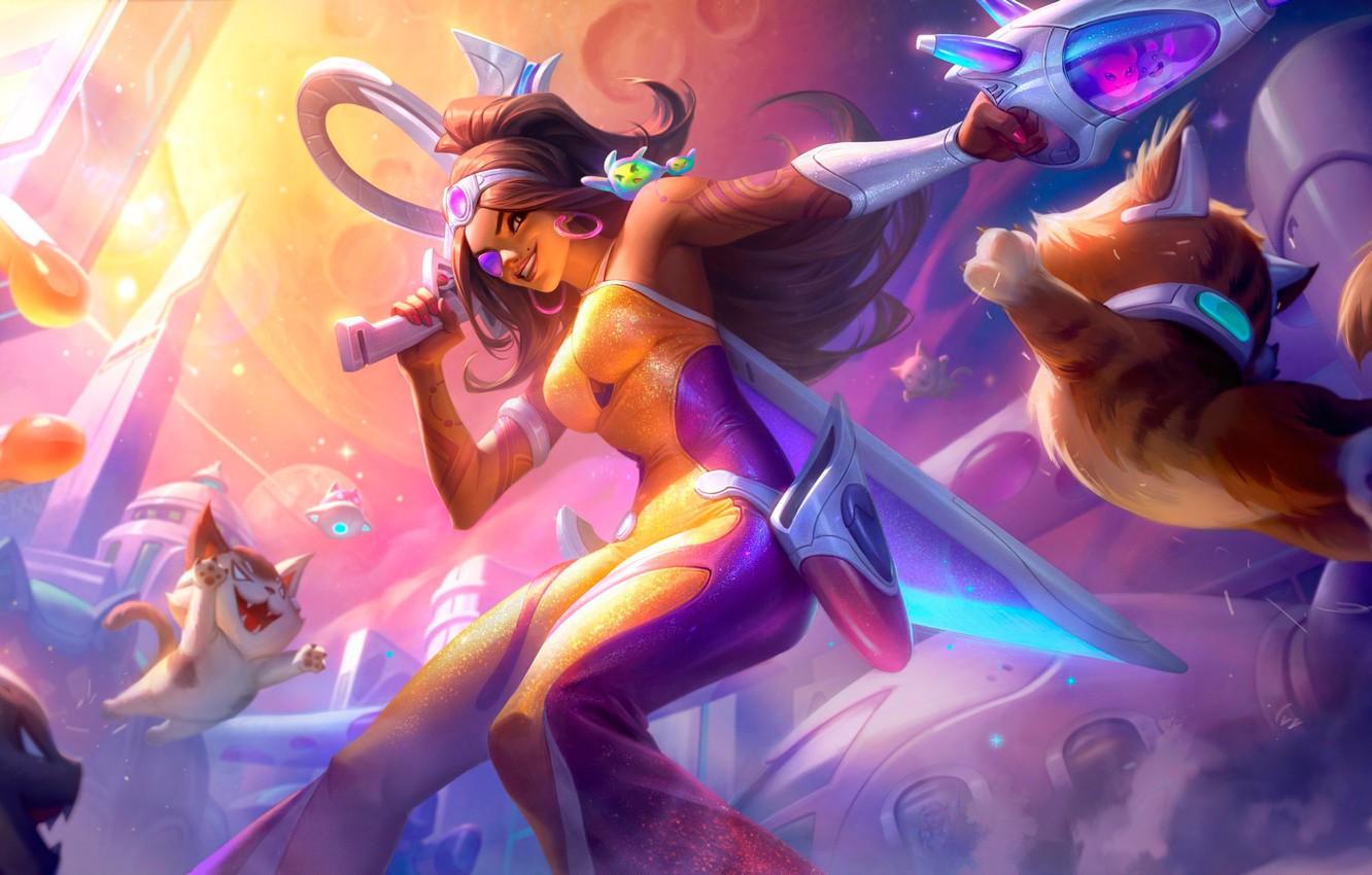 1332x850 Wallpaper girl, cats, fantasy, League of Legends, Riot Games, Samira image for desktop, section игры