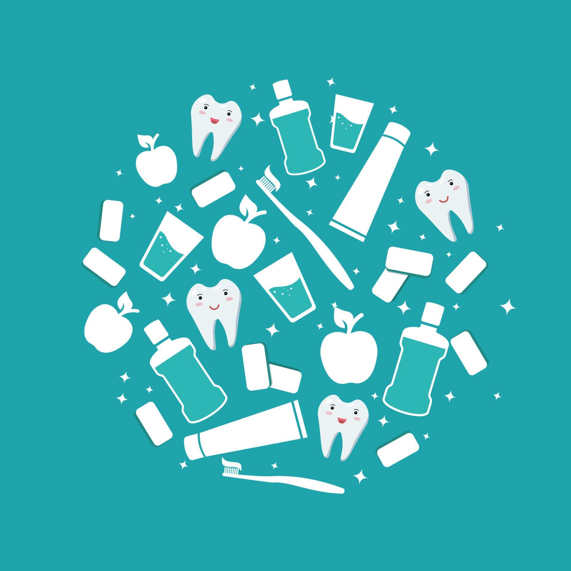 1920x1920 Oral care. Dental banner. Items for daily oral hygiene. Mouthwash and toothbrush with paste, apple, chewing gum, white healthy teeth. For poster design. Vector isolated flat icons on a blue background 5173024