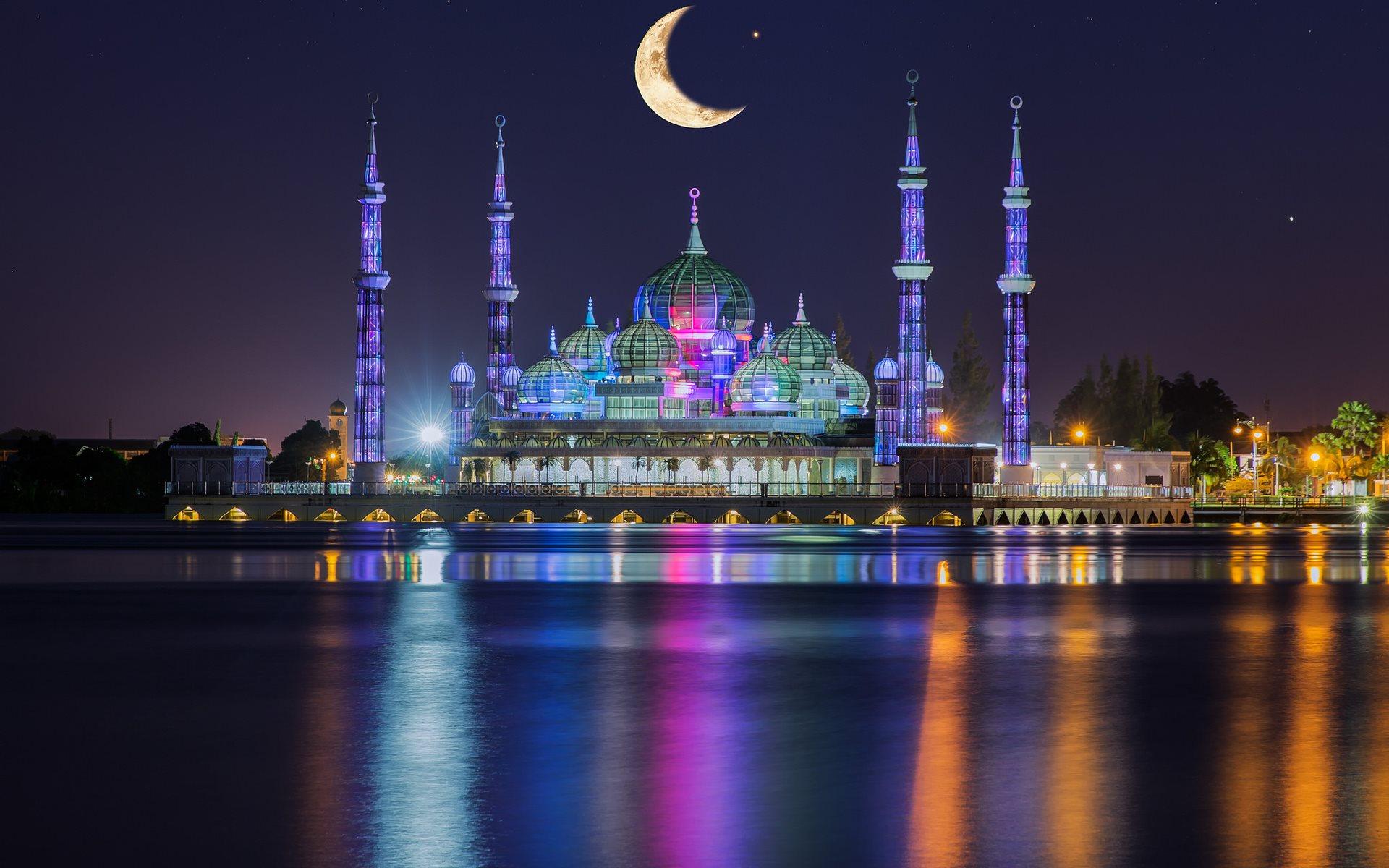 1920x1200 Download wallpaper Crystal Mosque, night, Kuala Terengganu, Malaysia for desktop with resolution 1920x1200. High Quality HD picture wallpaper