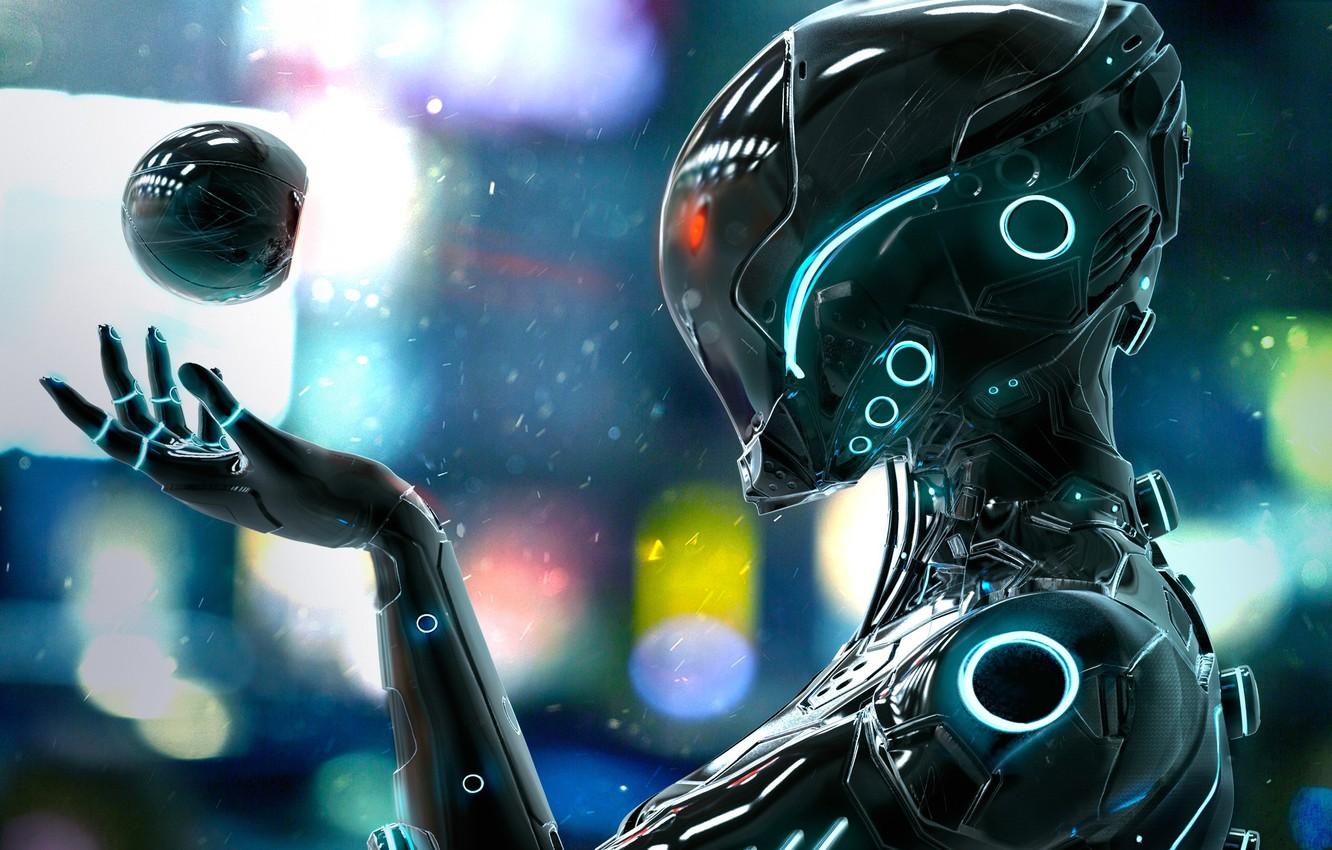 1332x850 Wallpaper robot, neon, helmet, cyborg, robot, neon, cyborg, pearls, летающий шар, flying ball image for desktop, section фантастика
