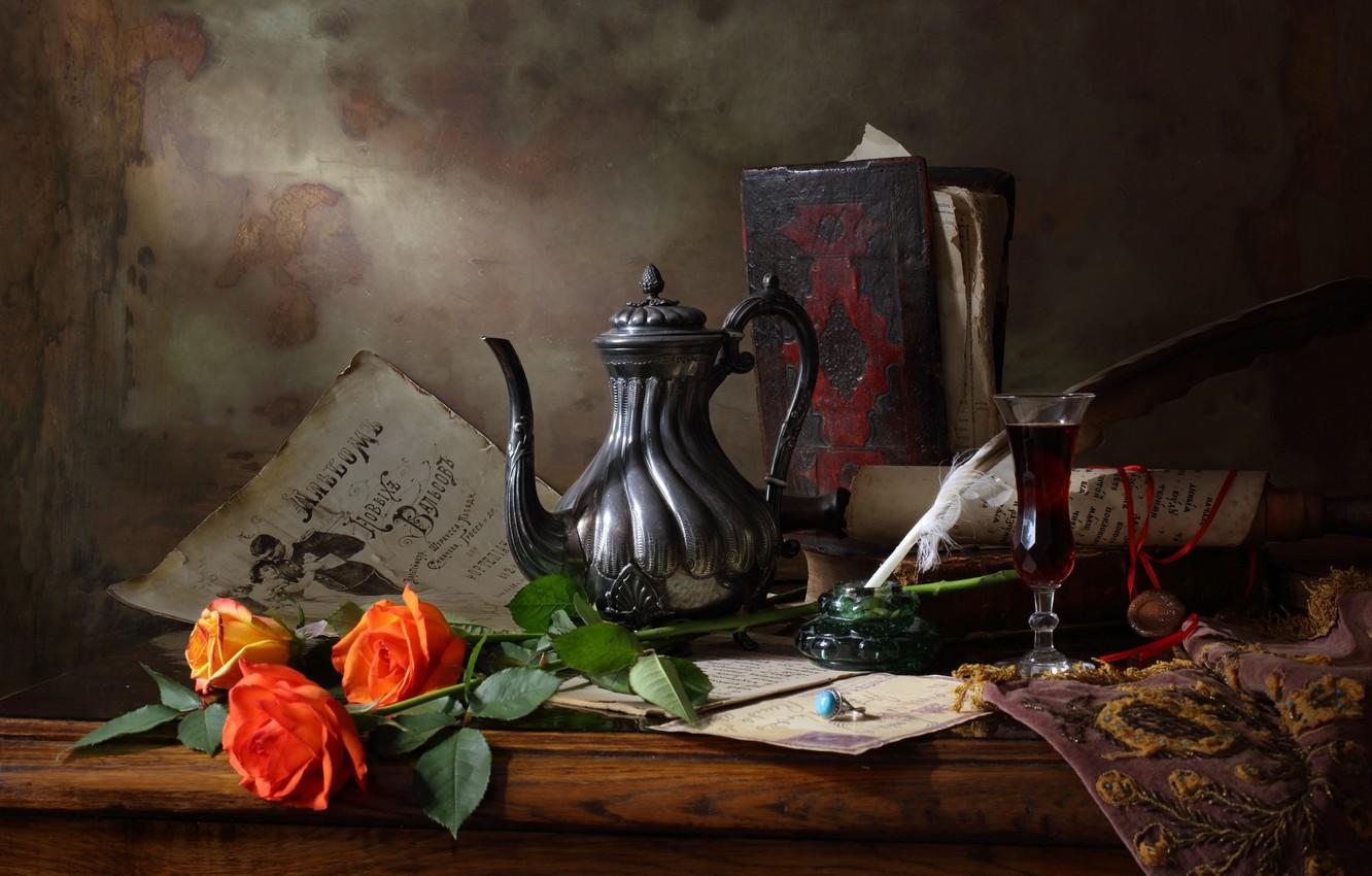 1332x850 Wallpaper style, art, Still life with teapot and roses, Still life with tea and roses image for desktop, section стиль