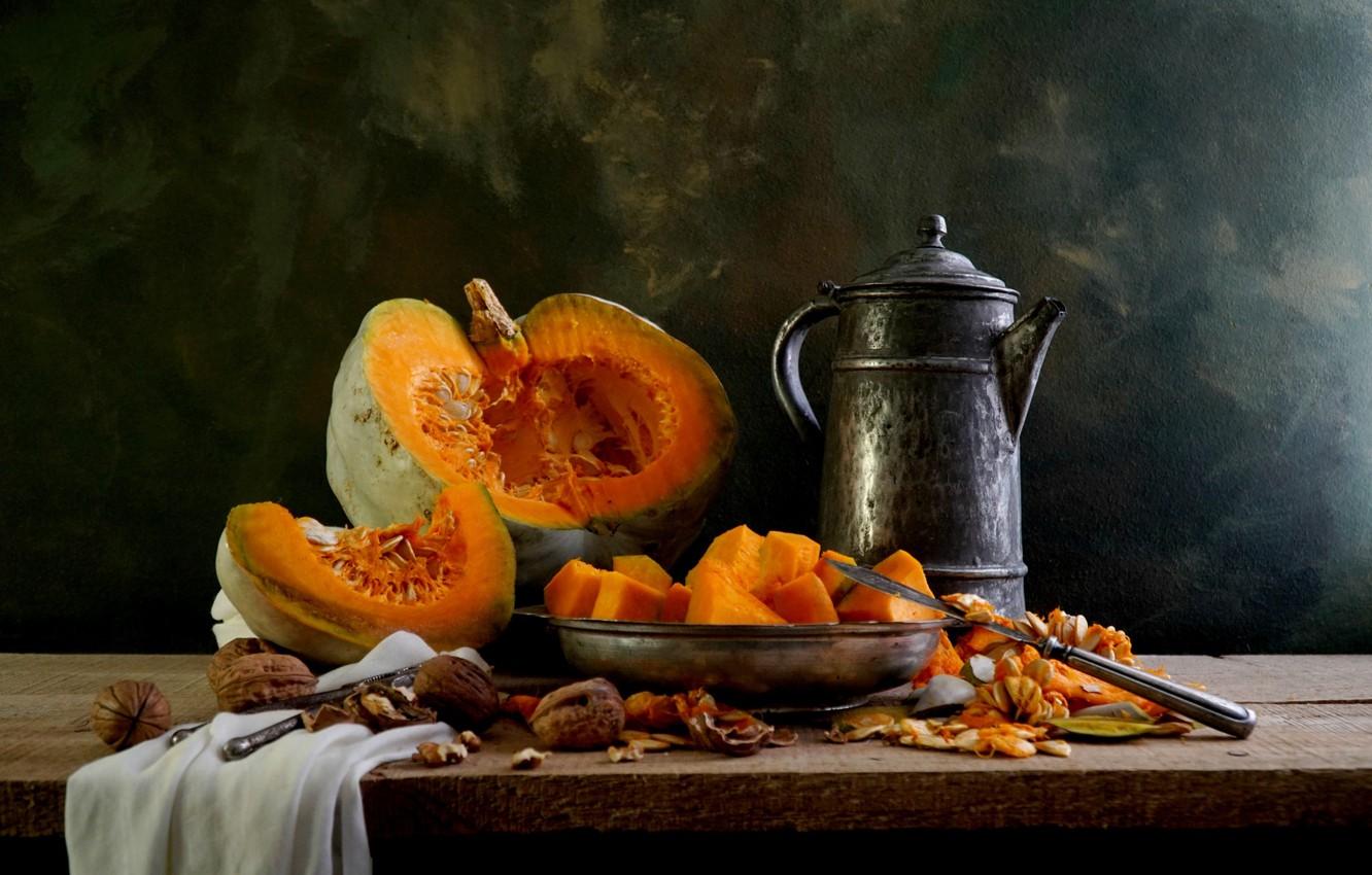 1332x850 Wallpaper pumpkin, nuts, still life, coffee pot image for desktop, section еда