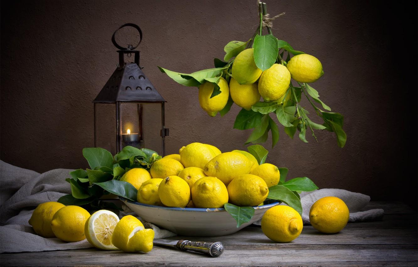 1332x850 Wallpaper the dark background, food, lantern, dishes, fruit, still life, lemons, composition image for desktop, section еда