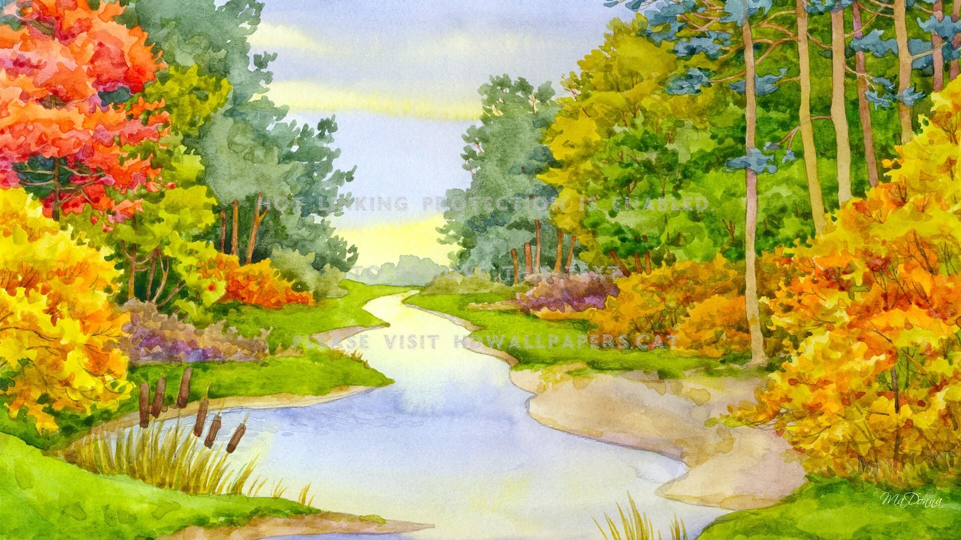 1920x1080 autumn creek watercolor soft brook fall art