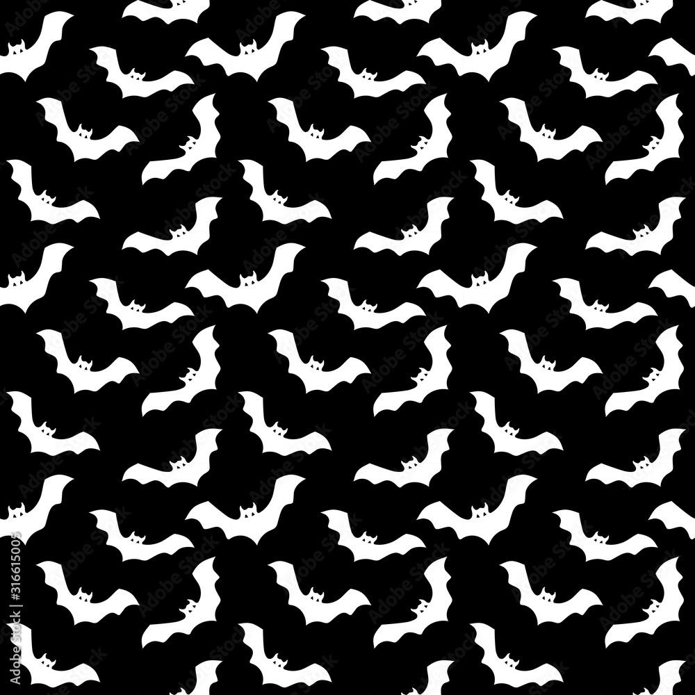 1000x1000 Halloween bats seamless pattern texture vector. Black, white. Perfect for fabric designs, background, backdrop, sticker, pattern fill, gift warps and wallpaper. Stock Vector