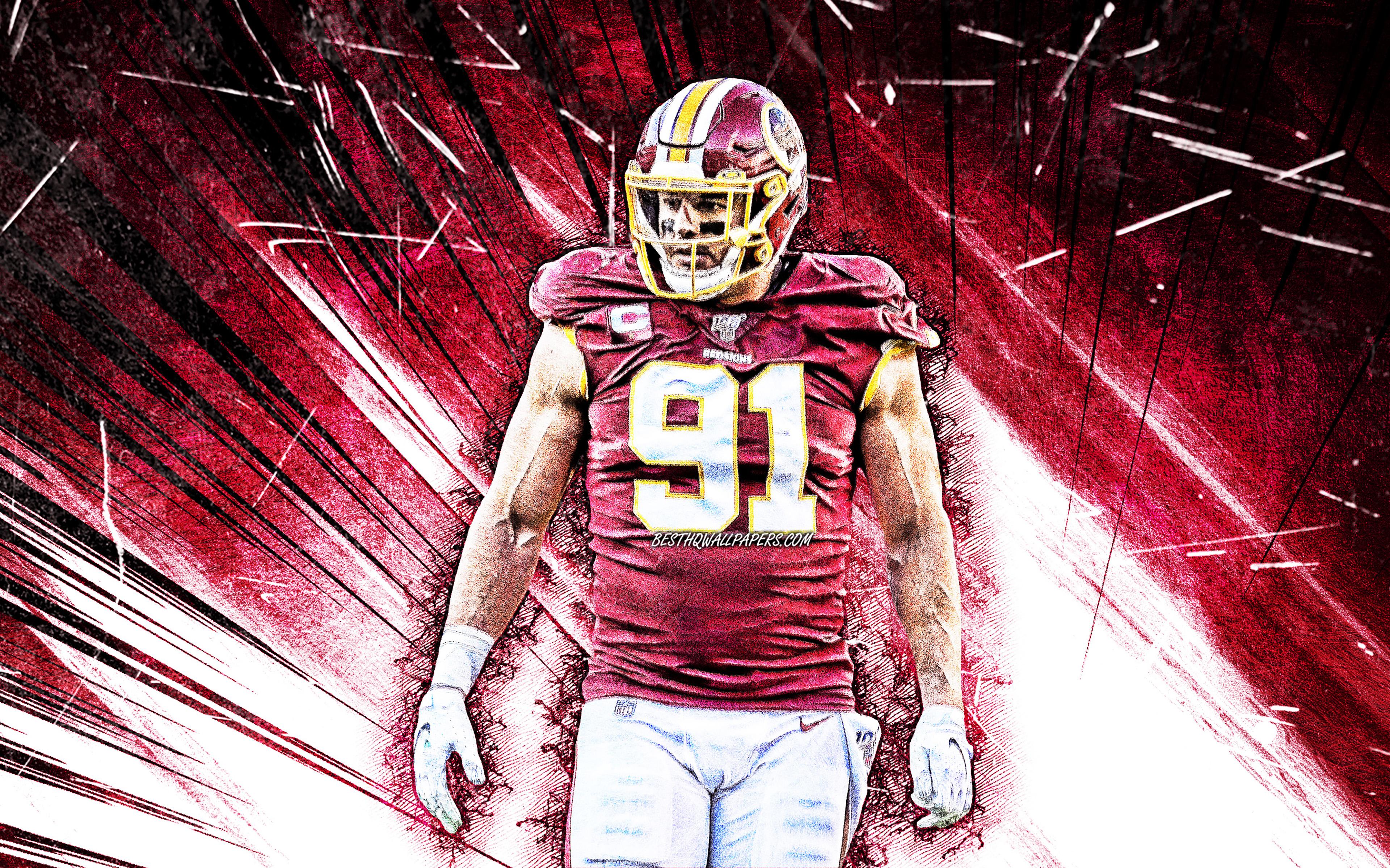 3840x2400 Download wallpaper 4k, Ryan Kerrigan, grunge art, Washington Redskins, american football, Patrick Ryan Kerrigan, linebacker, NFL, National Football League, purple abstract rays, Ryan Kerrigan Washington Redskins, Ryan Kerrigan 4K for desktop with