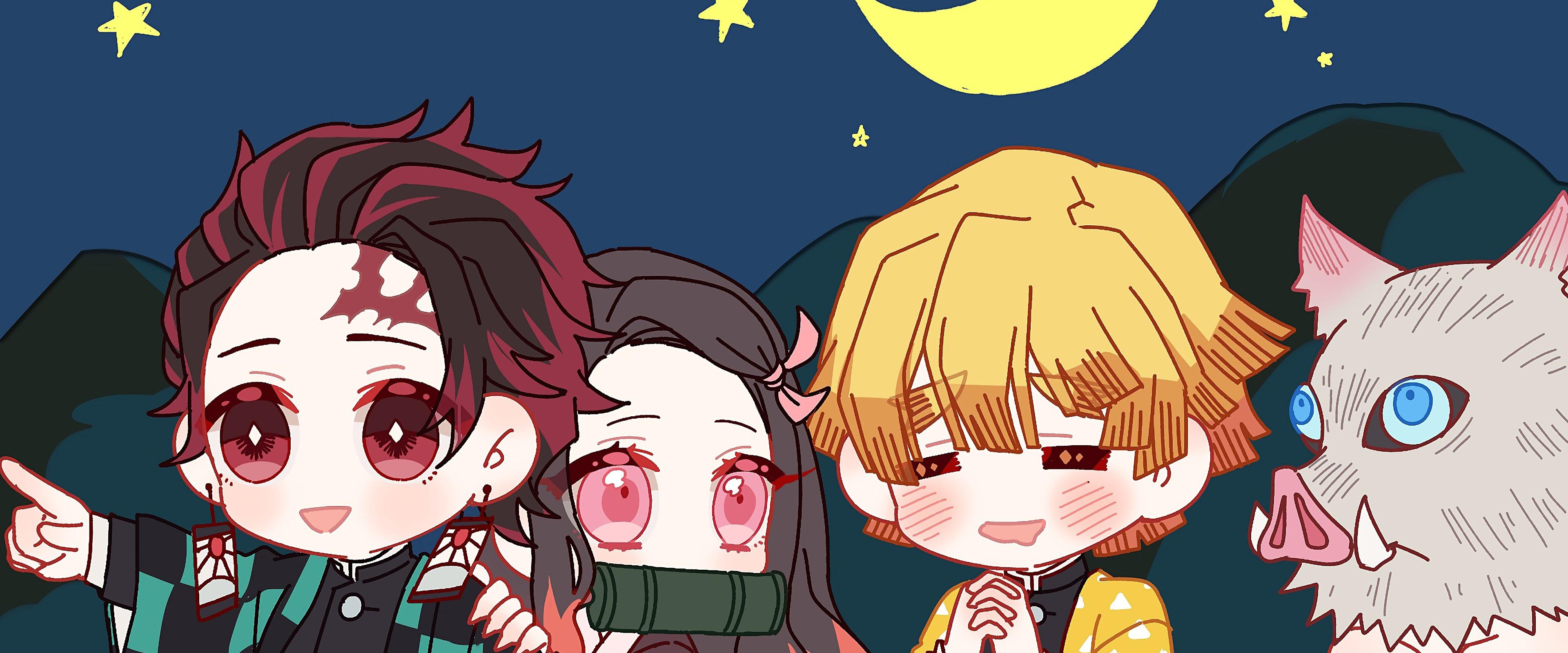3840x1600 Kimetsu no Yaiba Chibi Tanjirou Nezuko Zenitsu Inosuke 4K Wallpaper