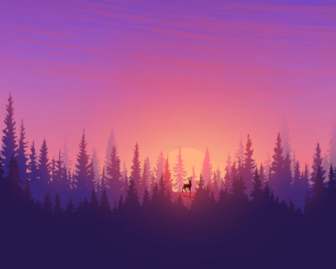 1280x1024 Download wallpaper 1280x1024 deer, spruce, sun, purple, vector, art standard 5:4 HD background