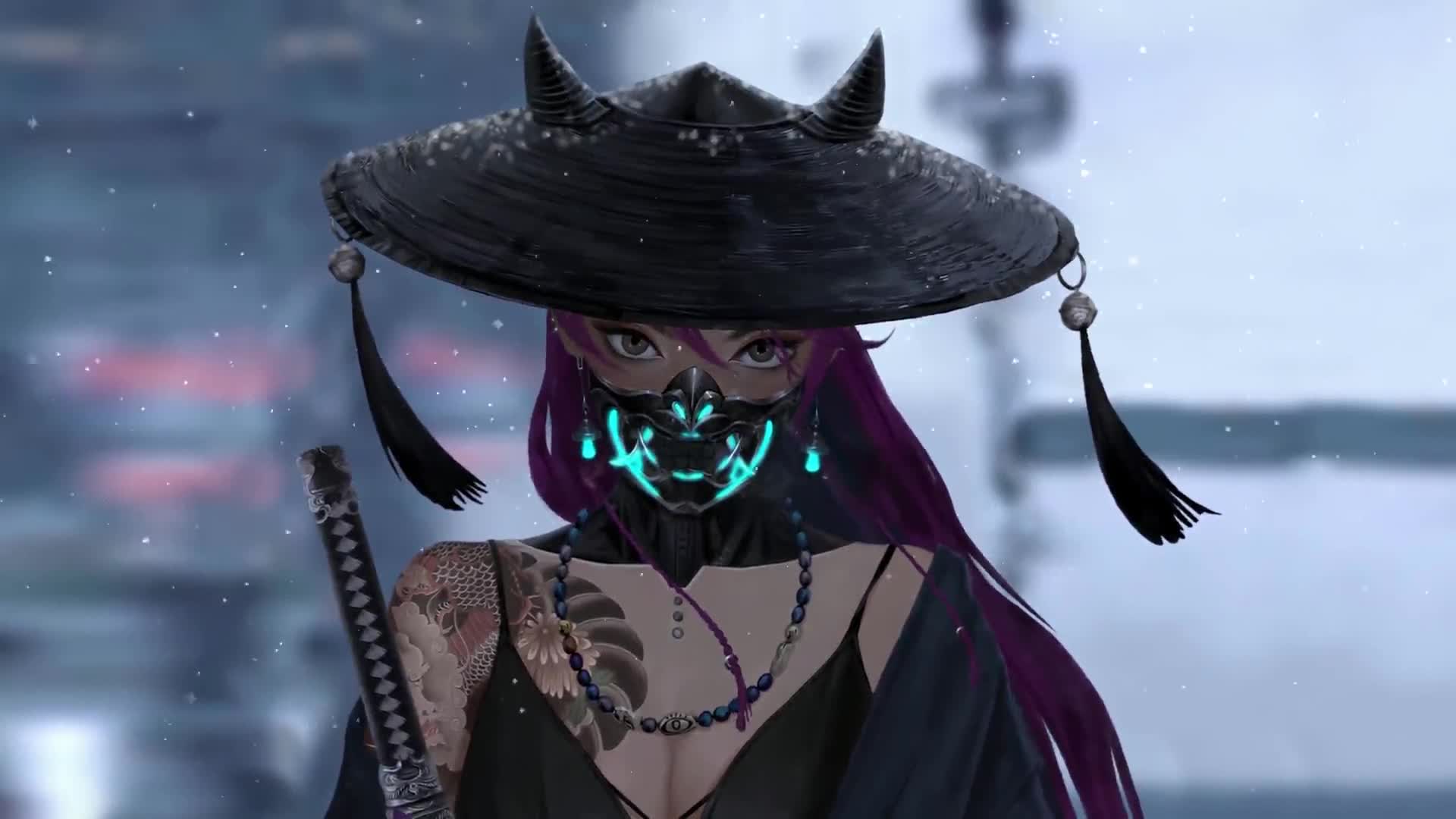 1920x1080 Oni Samurai Girl Mask Horns Snow Fantasy 4K Background Desktop Wallpaper