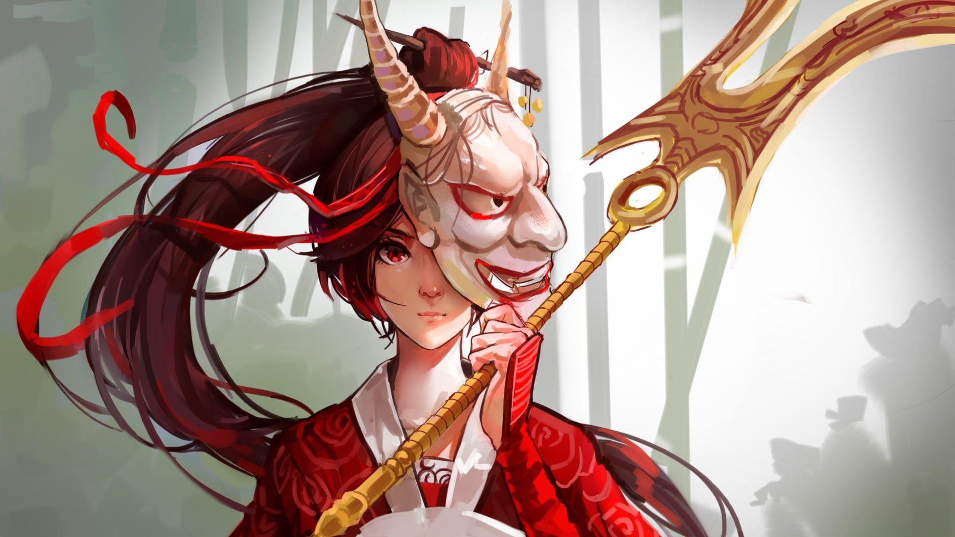 1920x1080 red haired female anime character wearing oni mask holding gold spear digital wallpaper #women PC gaming. League of legends game, League of legends, Female anime