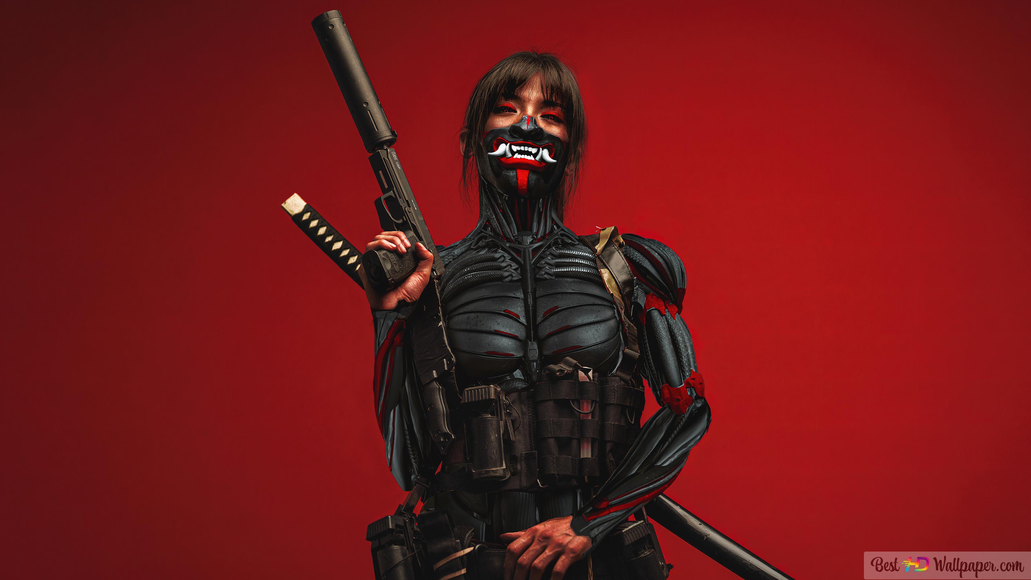 3554x1999 Cyberpunk Girl Samurai Oni Mask HD Wallpaper Download Fi Wallpaper