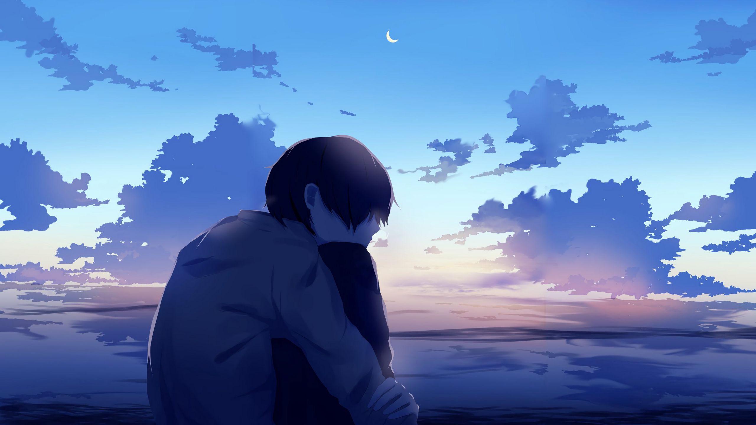 2560x1440 Download wallpaper 2560x1440 boy, alone, sad, anime widescreen 16:9 HD background