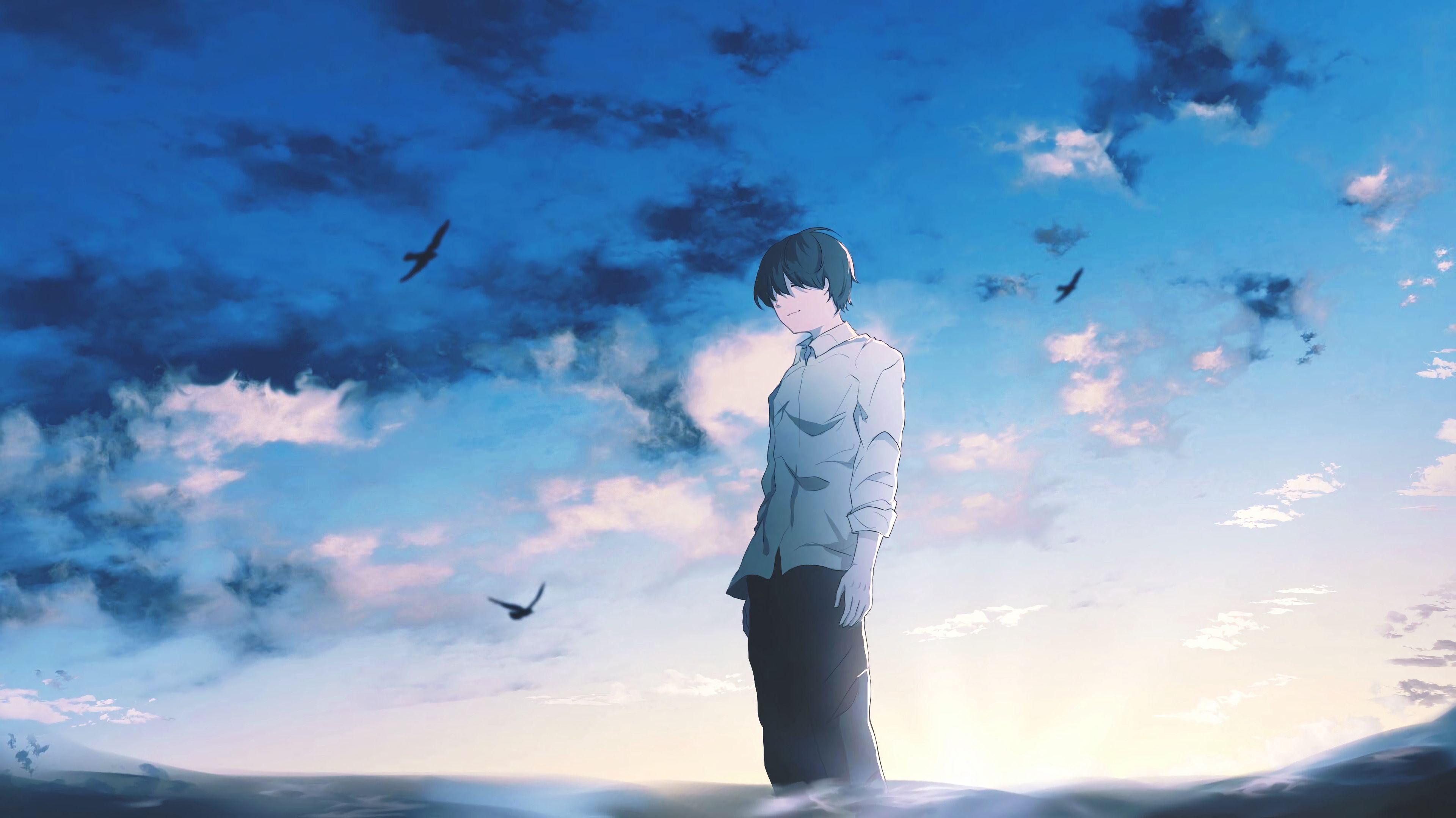 3840x2160 Download wallpaper 3840x2160 guy, alone, sad, water, anime HD background