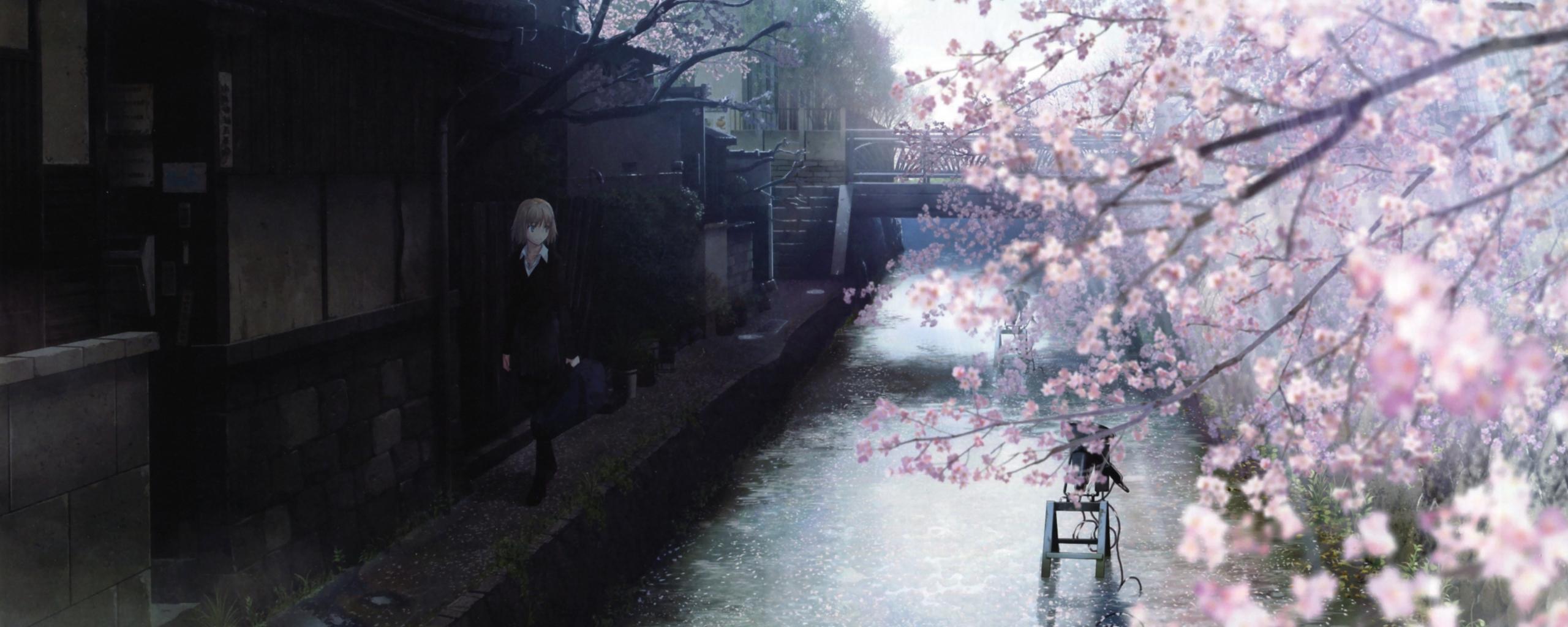 2560x1024 Wallpaper Scenic, Buildings, Stream, Anime Girl, Cherry Blossom:5000x3403