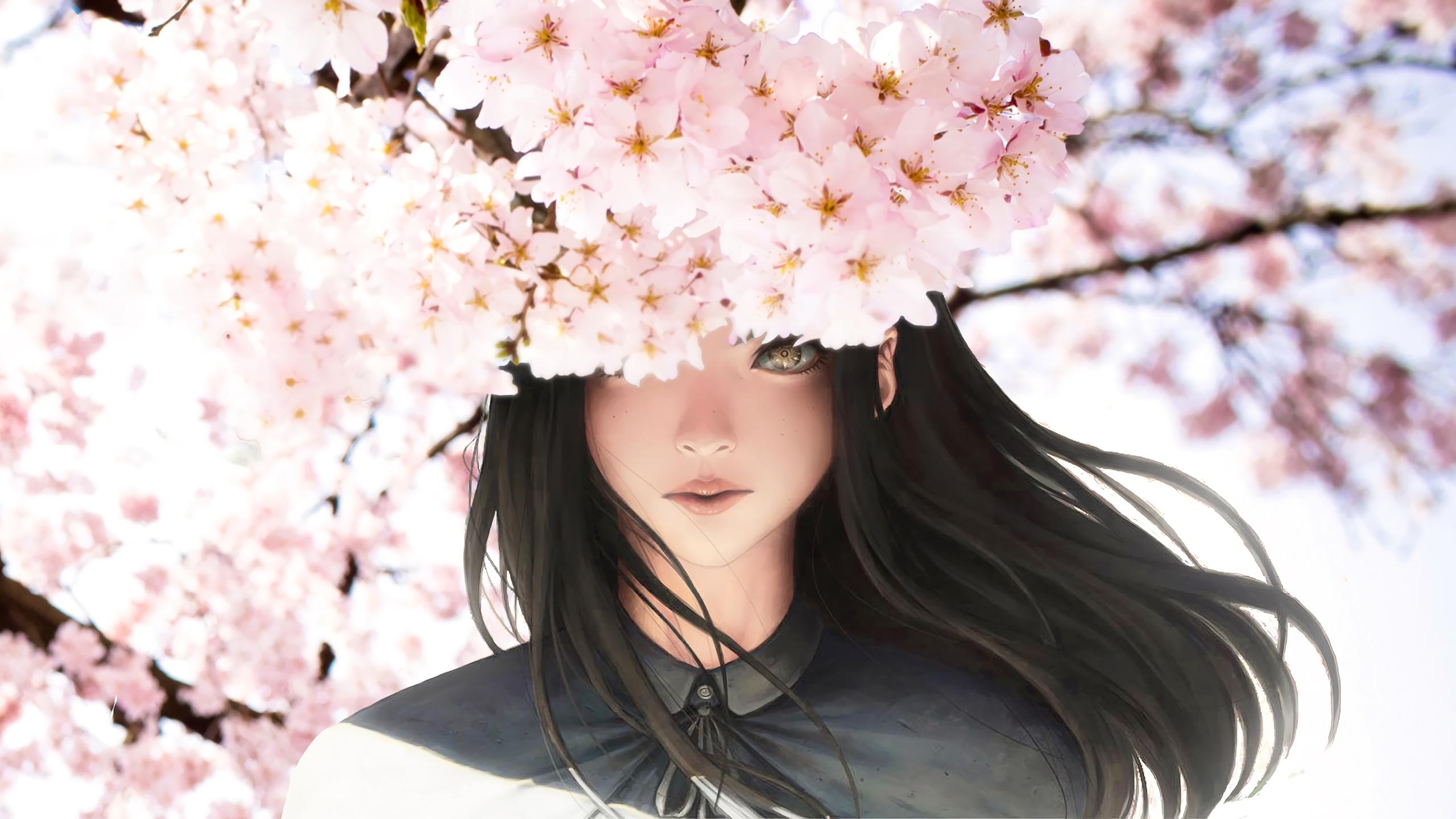 2560x1440 Wallpaper Anime Girl, Semi Realistic, Long Brown Hair, Sakura Blossom:2560x1440