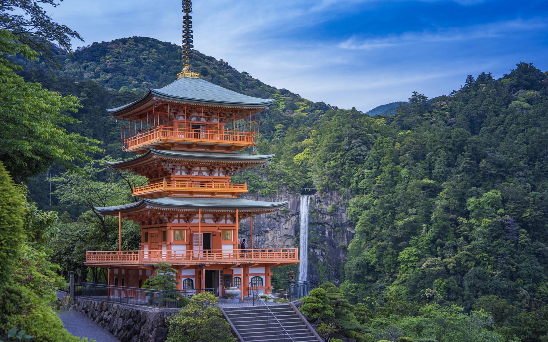 1920x1200 Nachi Falls, Japanese Temple, Mountain Landscape, Japanese Nachi Taisha