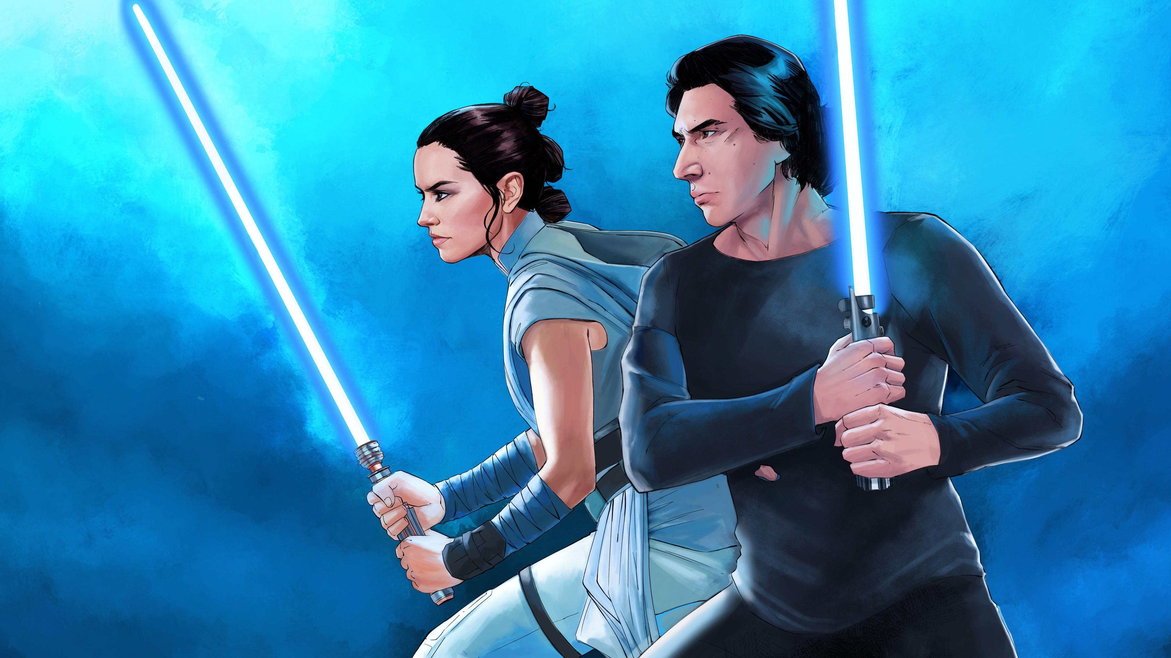3840x2160 star wars the rise of skywalker ben solo lightsaber rey with blue background 4k HD movies Wallpaper