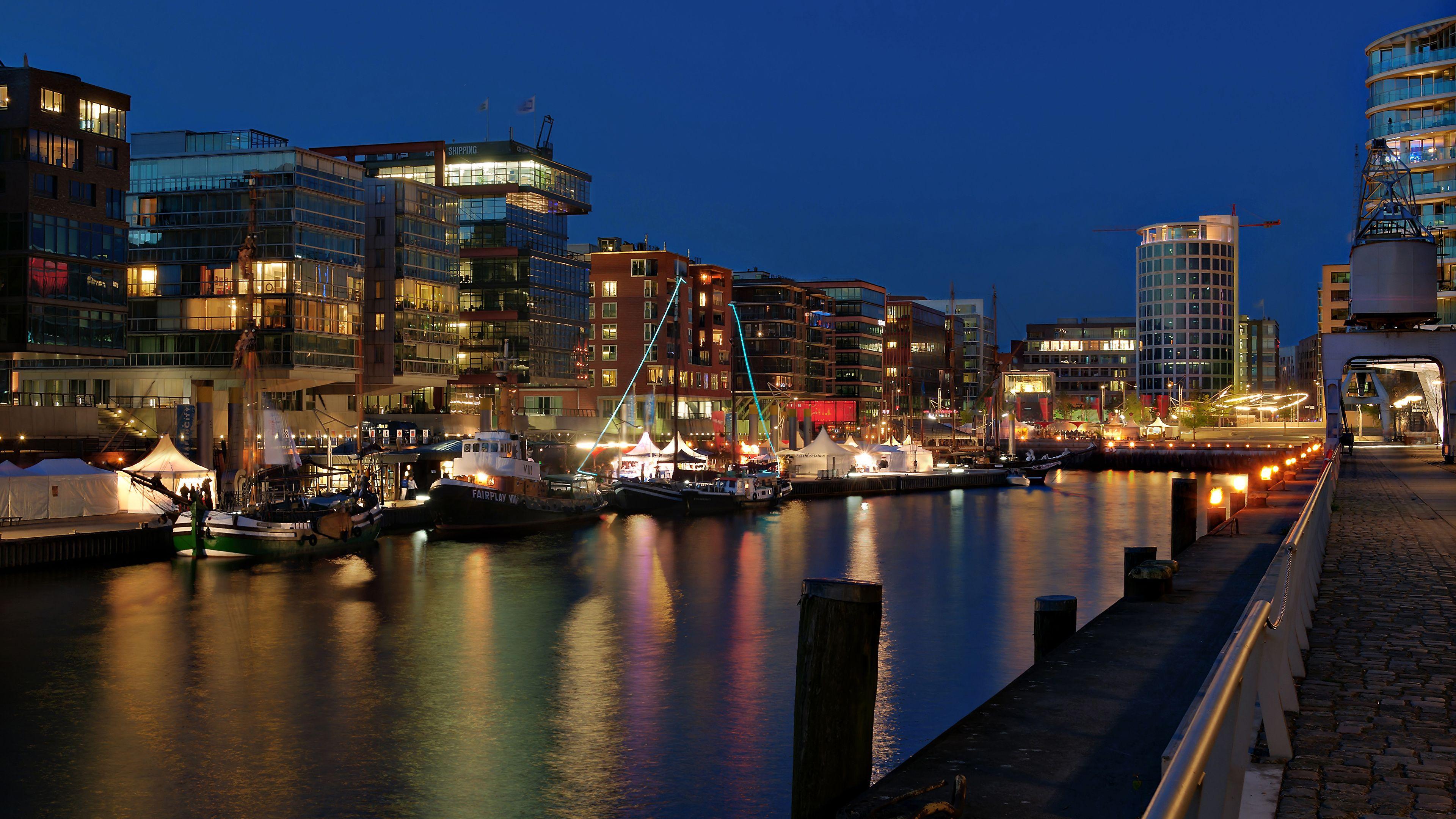 3840x2160 Photos Hamburg Germany Ships Rivers Marinas night time 3840x2160