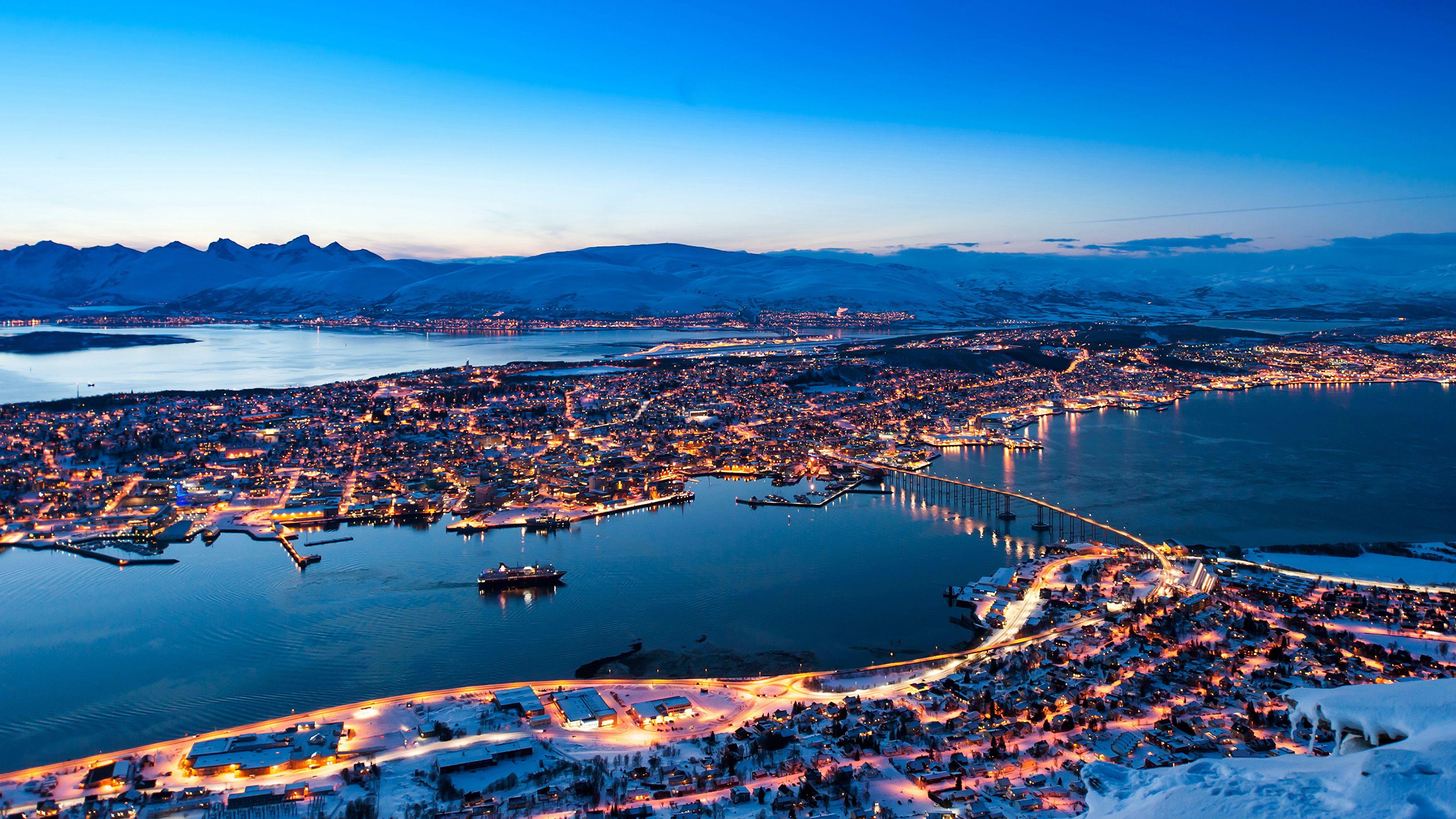 3840x2160 image Norway Tromso Rivers night time Cities Building 3840x2160