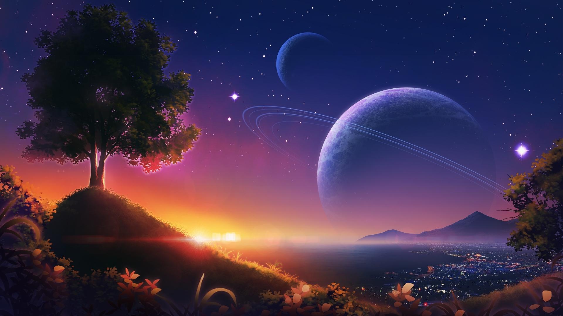 1920x1080 Wallpaper Sky, Anime Night Scene, Planets, Scenic, Stars:1920x1080