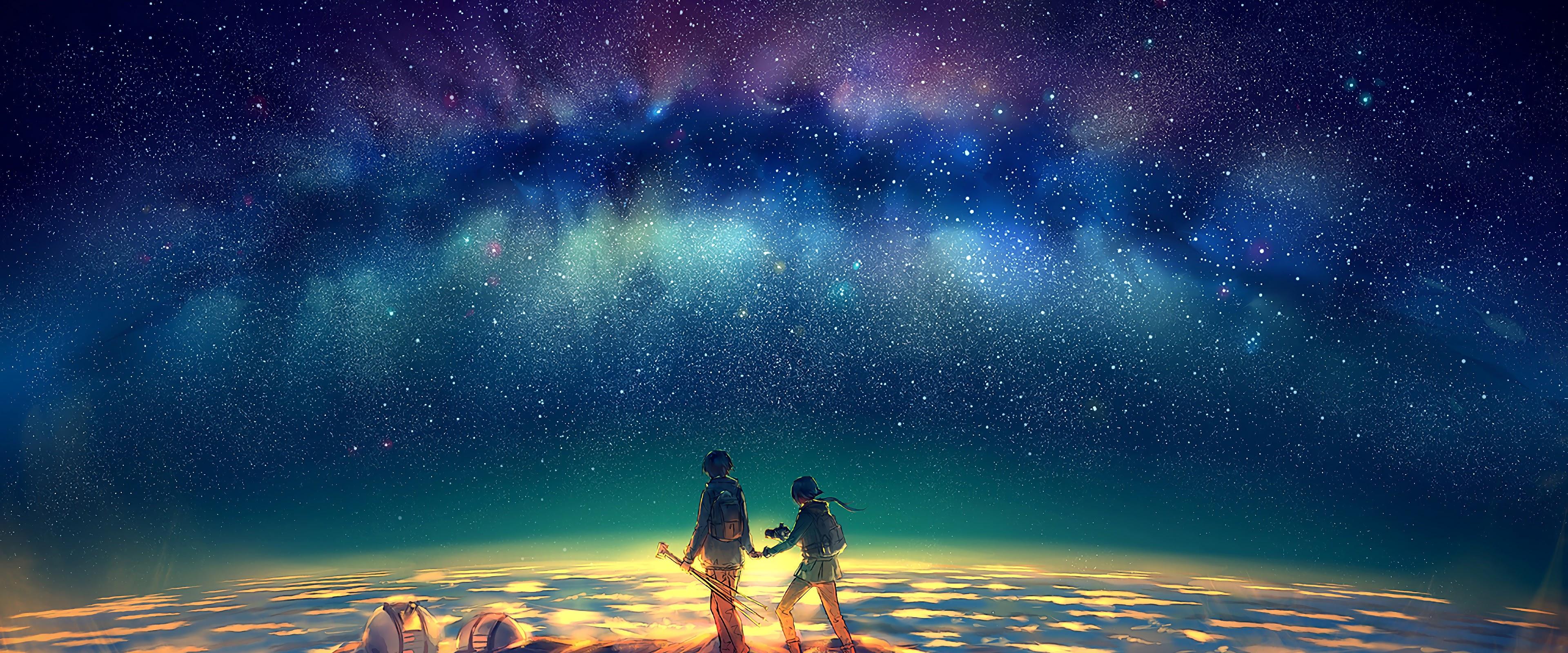 3840x1600 Anime Stars Night Sky Summit 4K Wallpaper