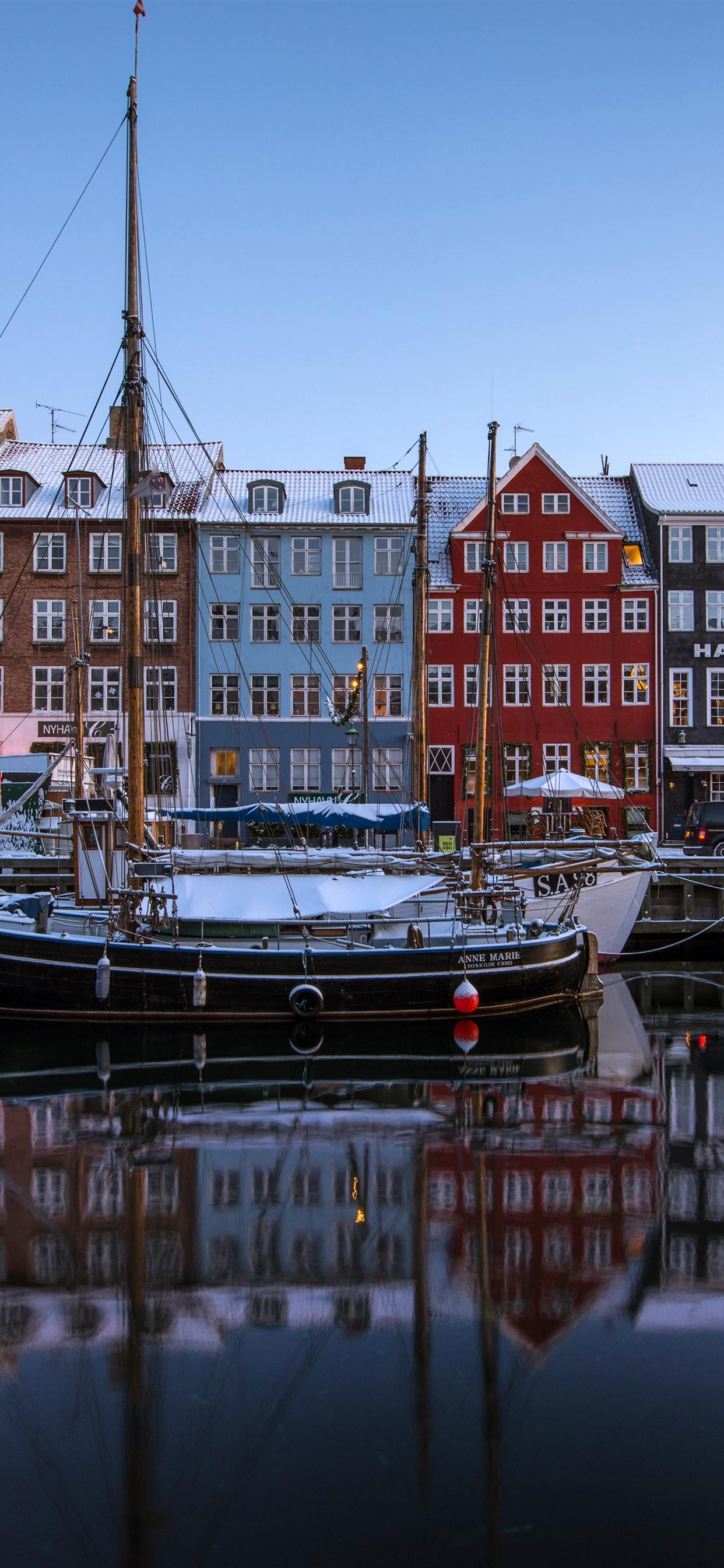 1242x2688 Copenhagen, Denmark, New Harbor, Boats, Houses, Colors, Snow, Winter 1242x2688 IPhone 11 Pro XS Max Wallpaper, Background, Picture, Image