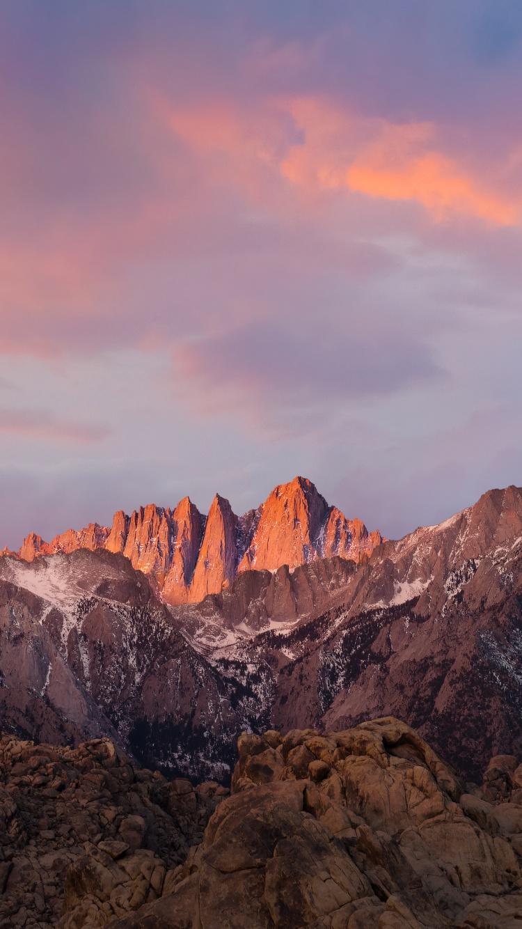 750x1334 macOS Sierra Wallpaper 4K, Sierra Nevada, Mountain range, Evening, Sunlight, Nature