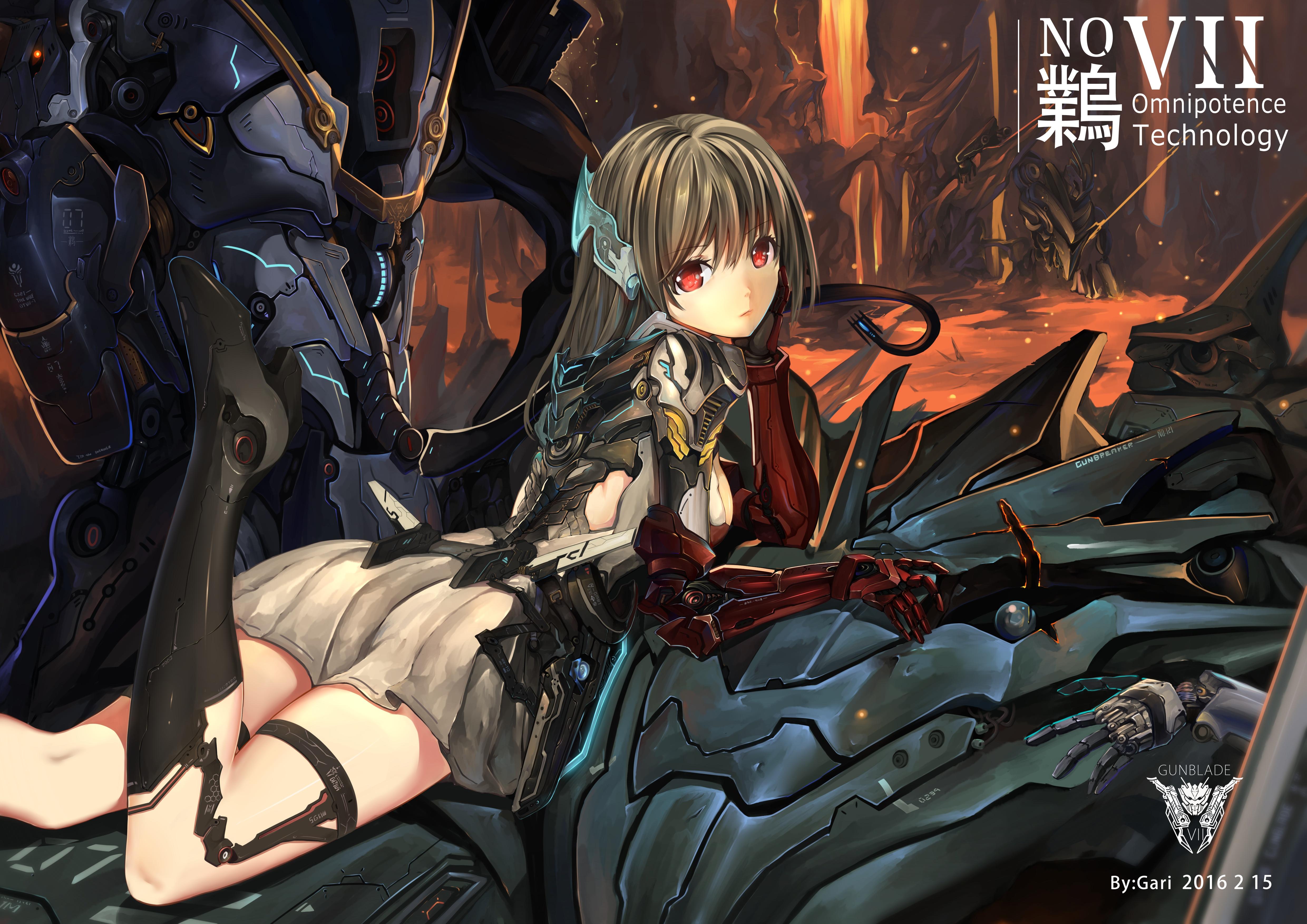 4960x3507 Girl Original Anime Armor Red Eyes Long Hair Mecha Skirt Wallpaper:4960x3507