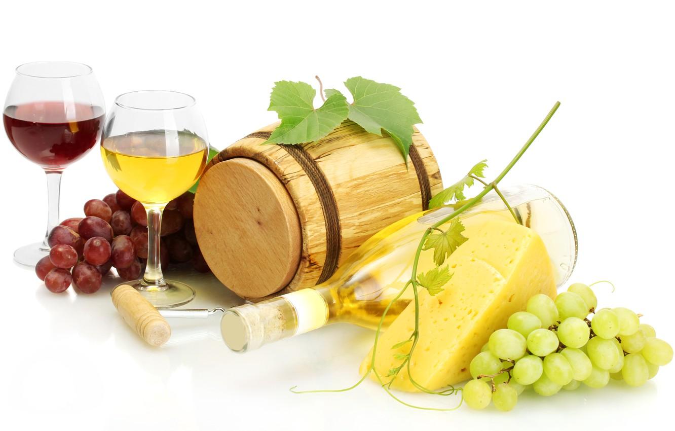 1332x850 Wallpaper wine, red, white, bottle, cheese, glasses, grapes, corkscrew, vine, barrel image for desktop, section еда