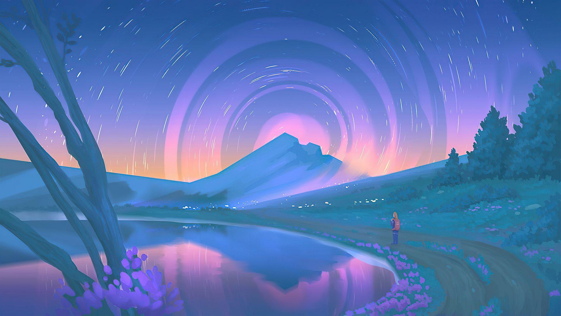 1920x1080 Motions starry sky, lake, night out, art wallpaper, HD image, picture, background, 7179b5