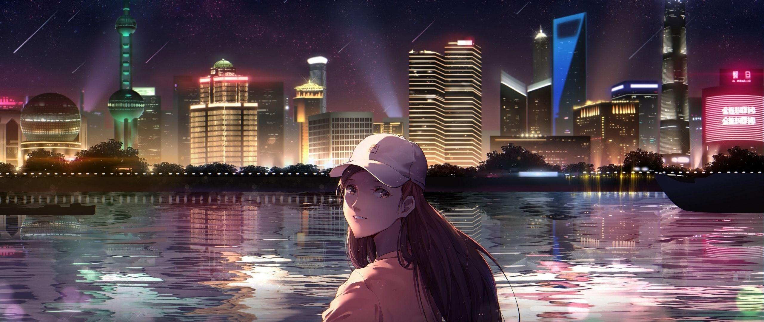 2560x1080 City Night Anime Wallpaper