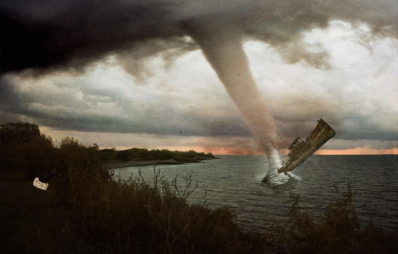 1332x850 Wallpaper sea, clouds, ship, tornado, hurricane, the ship image for desktop, section ситуации