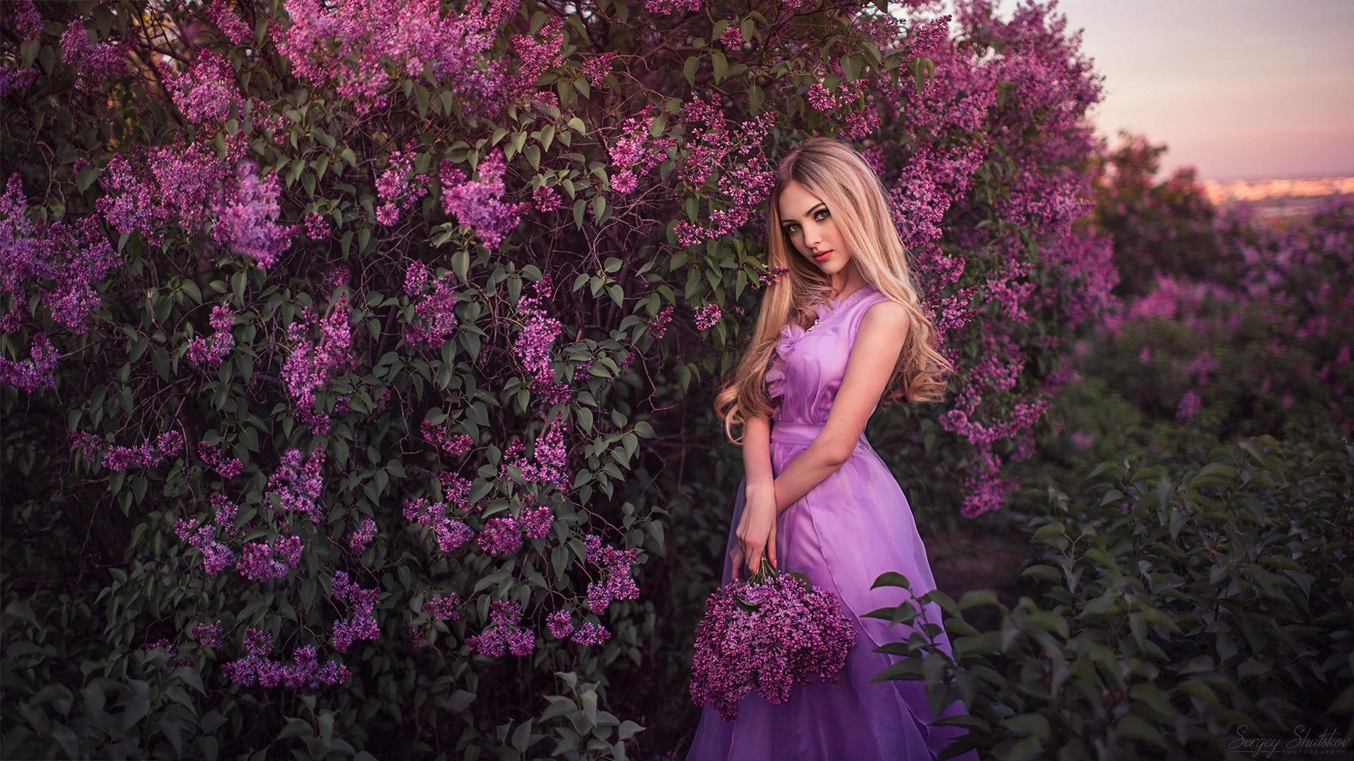1920x1080 Desktop Wallpaper Purple Dress, Girl Model, Outdoor, Flowers, HD Image, Picture, Background, 35afac